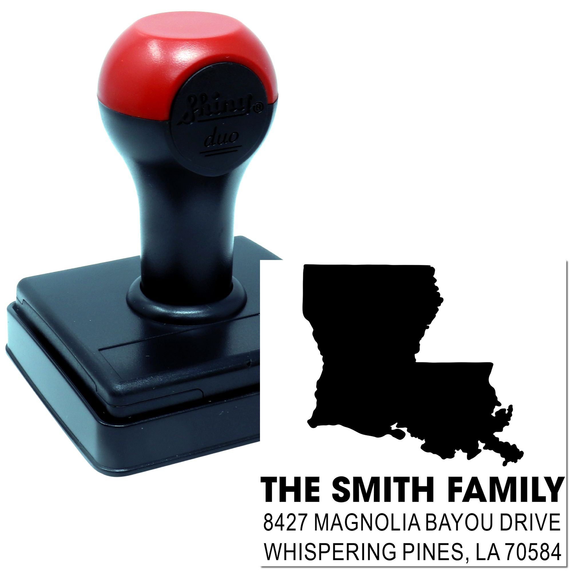 Custom self-inking rubber address stamp for The Smith Family, Whispering Pines, LA 70584.