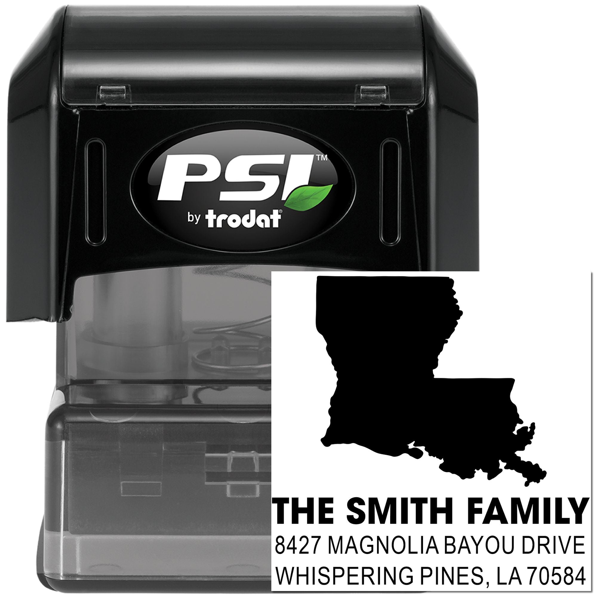 Custom self-inking return address rubber stamp for The Smith Family with Louisiana state silhouette.