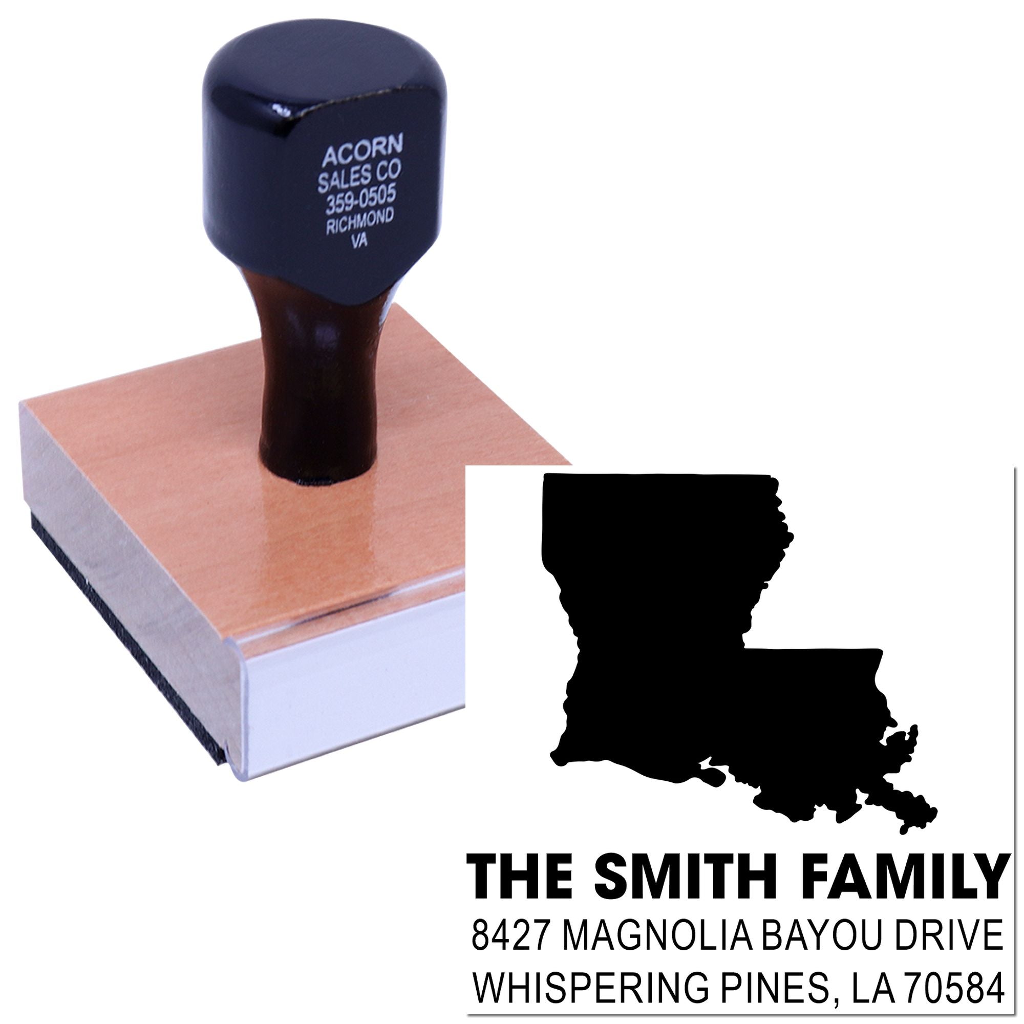 Custom Louisiana return address rubber stamp for family mail, featuring state silhouette and address imprint.