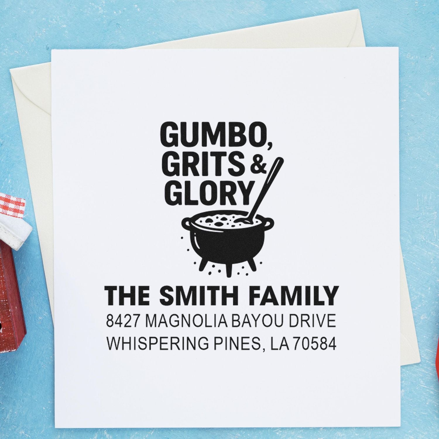 Custom rubber stamp return address design featuring Gumbo, Grits & Glory for The Smith Family personalized stationery.