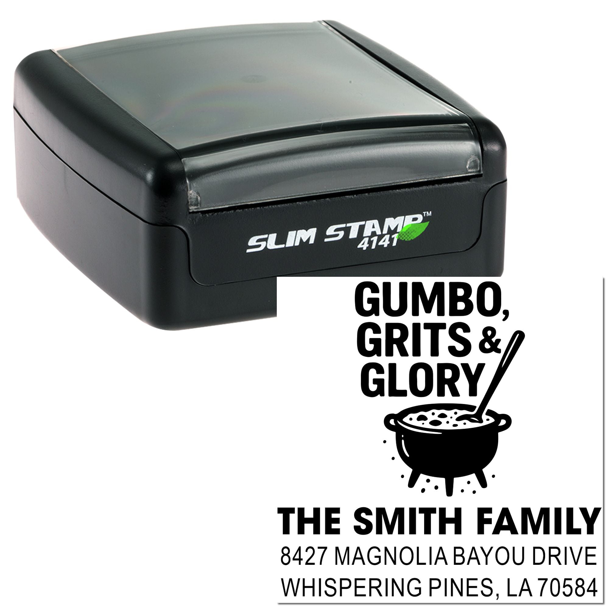 Slim Stamp 4141 custom self-inking rubber stamp with gumbo, grits & glory family address design