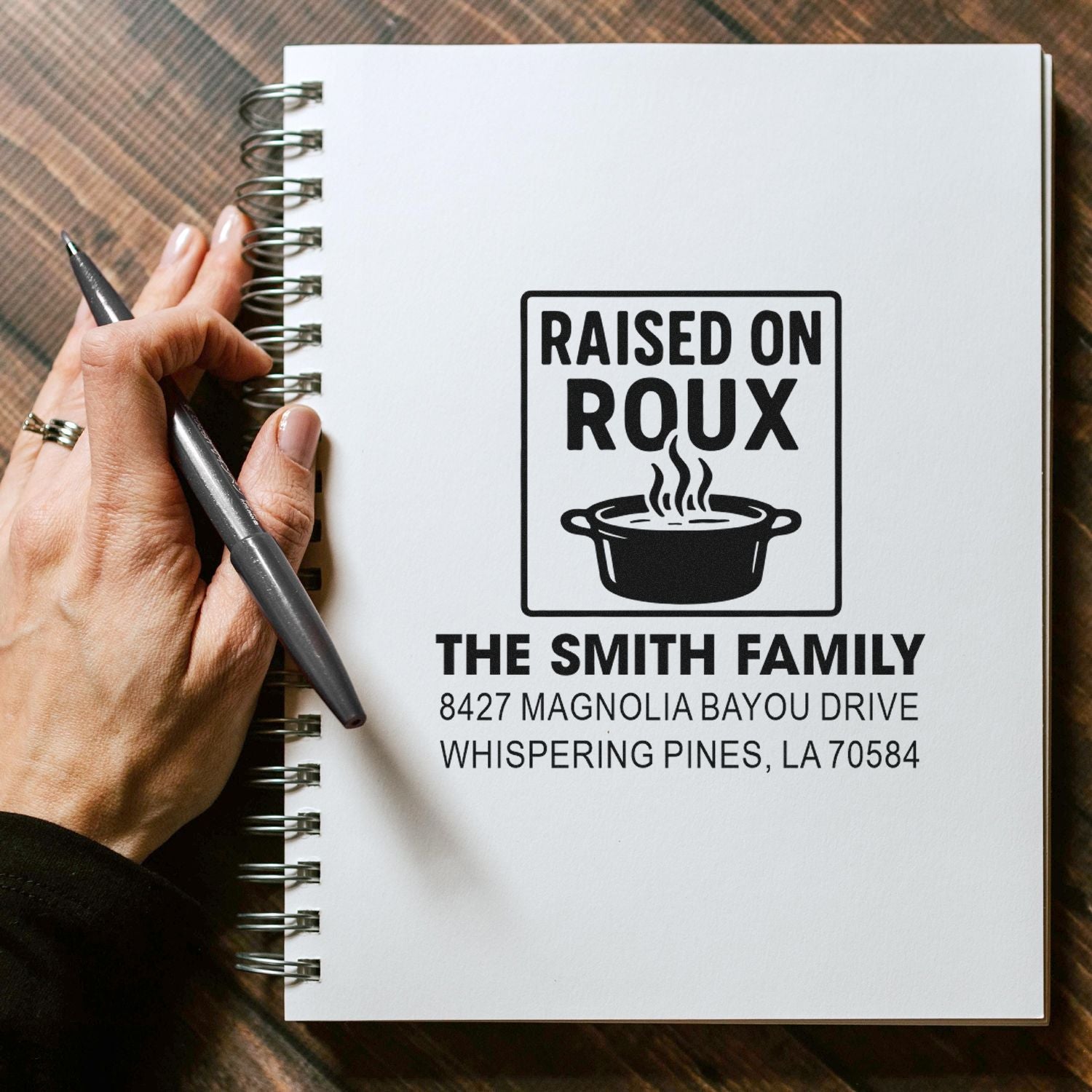 Custom return address rubber stamp with "Raised on Roux" design for The Smith Family kitchen-themed mail.