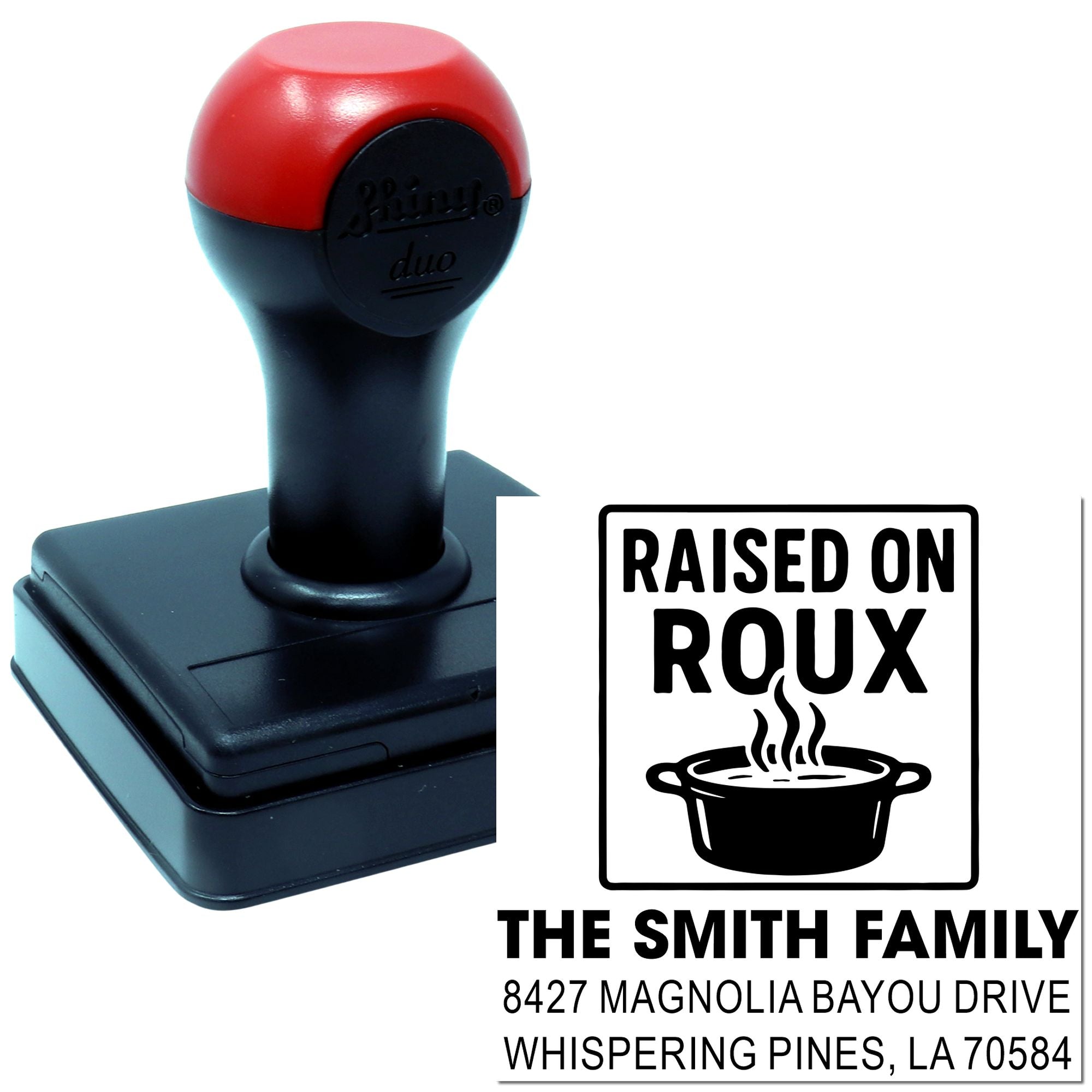 Custom self-inking rubber stamp for a Louisiana family return address, featuring a Raised on Roux design and personalized mailing details.