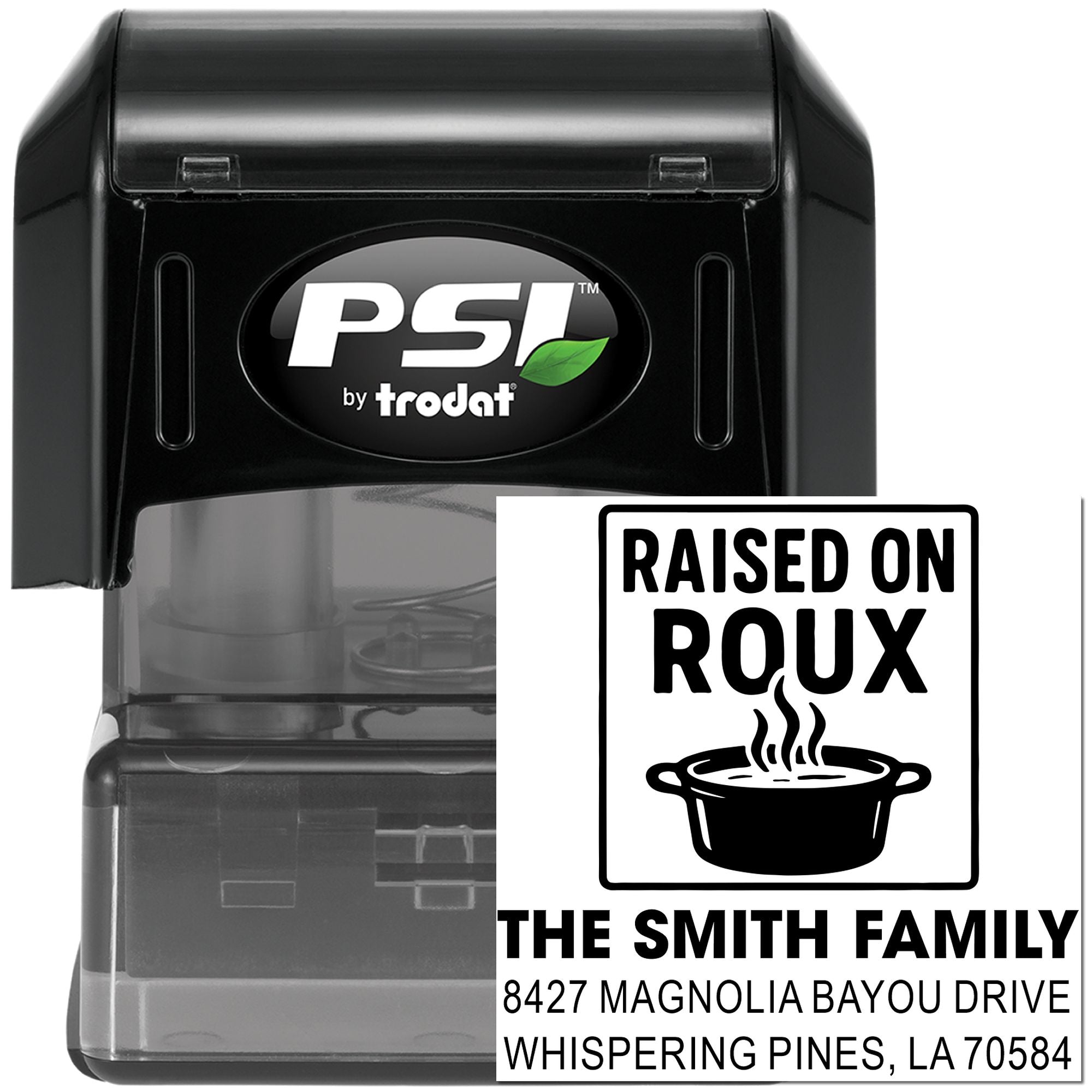 PSI by Trodat custom self-inking rubber stamp for address labels, featuring Raised on Roux family design.
