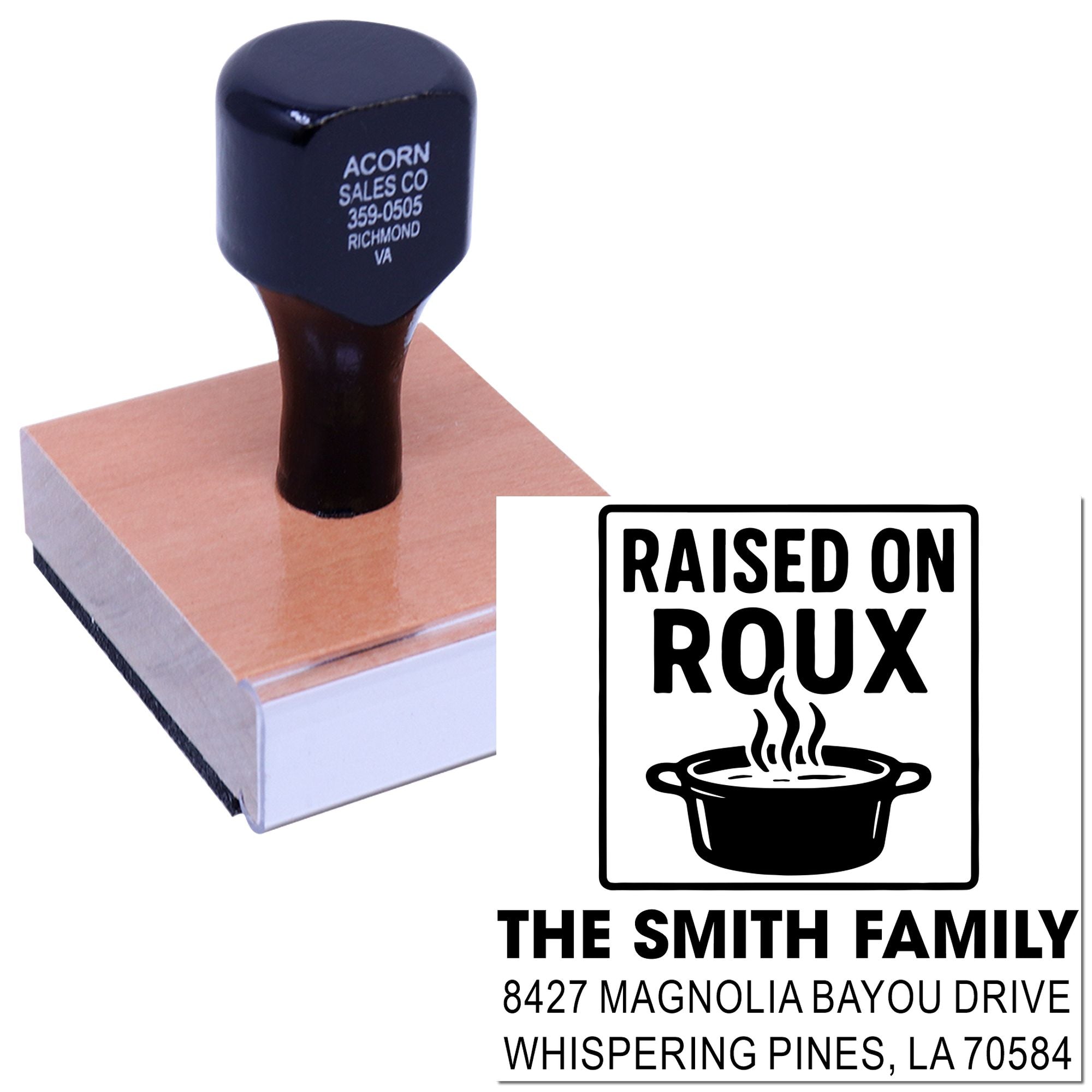 Custom rubber return address stamp with Raised on Roux family design and address for personalized mailing and branding.