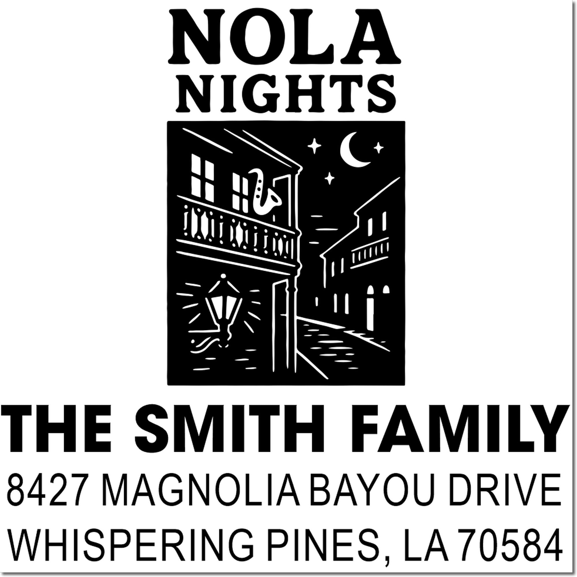 Custom NOLA Nights rubber stamp for The Smith Family return address with New Orleans street scene and Whispering Pines, LA address.