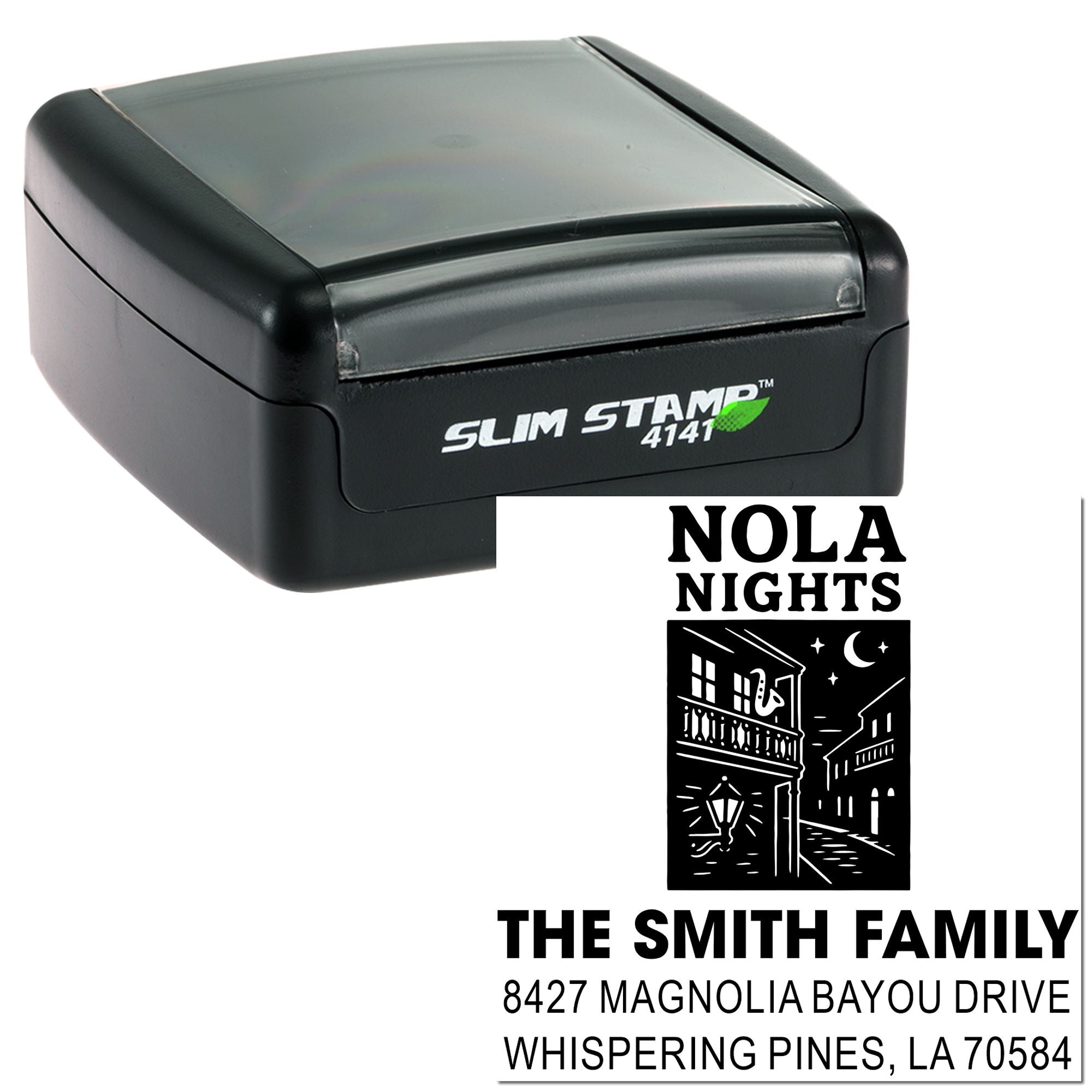 Custom self-inking address rubber stamp with NOLA Nights design, family name, and return address for personalized mailing.