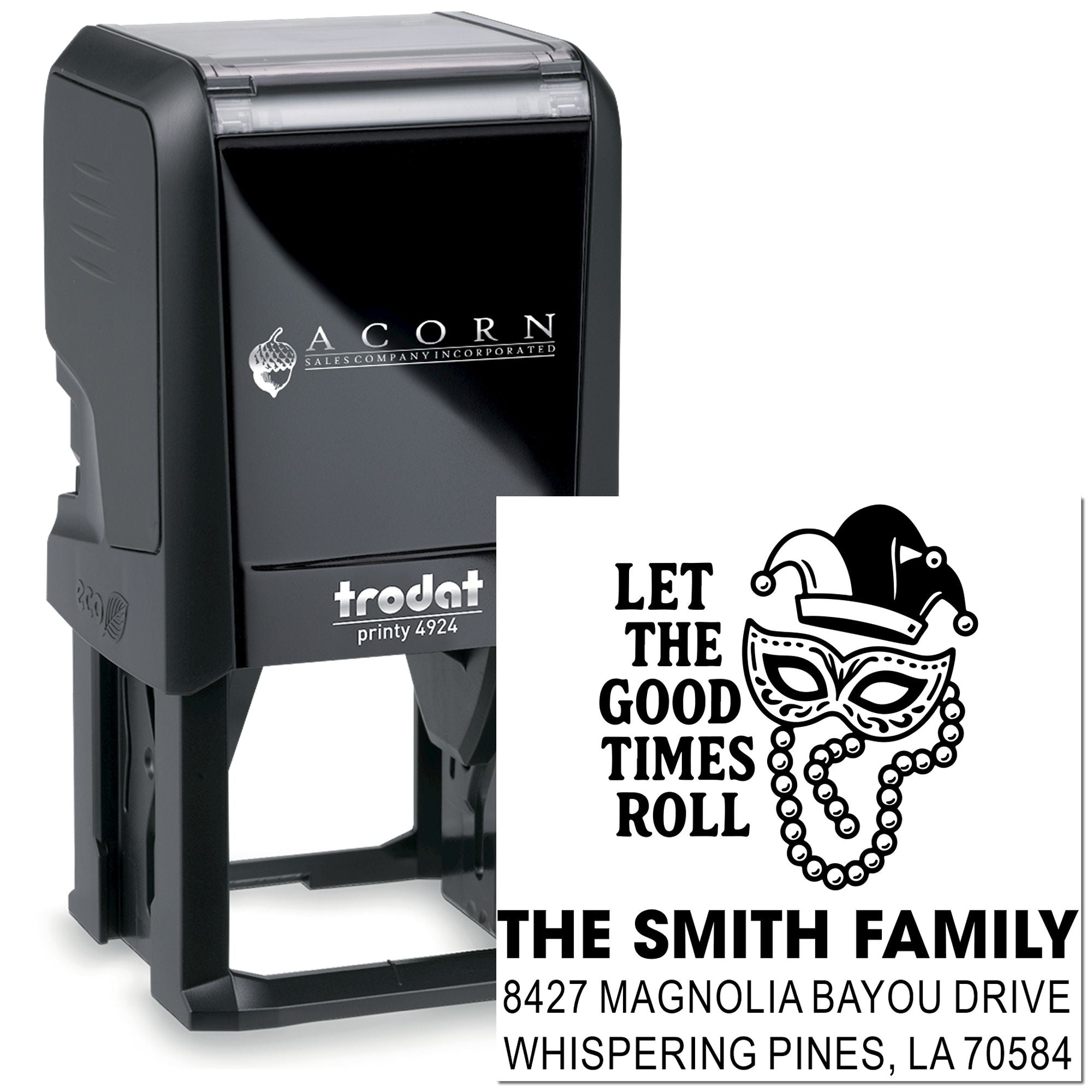Custom self-inking rubber stamp with Mardi Gras return address design for personalized family envelopes and mailings.