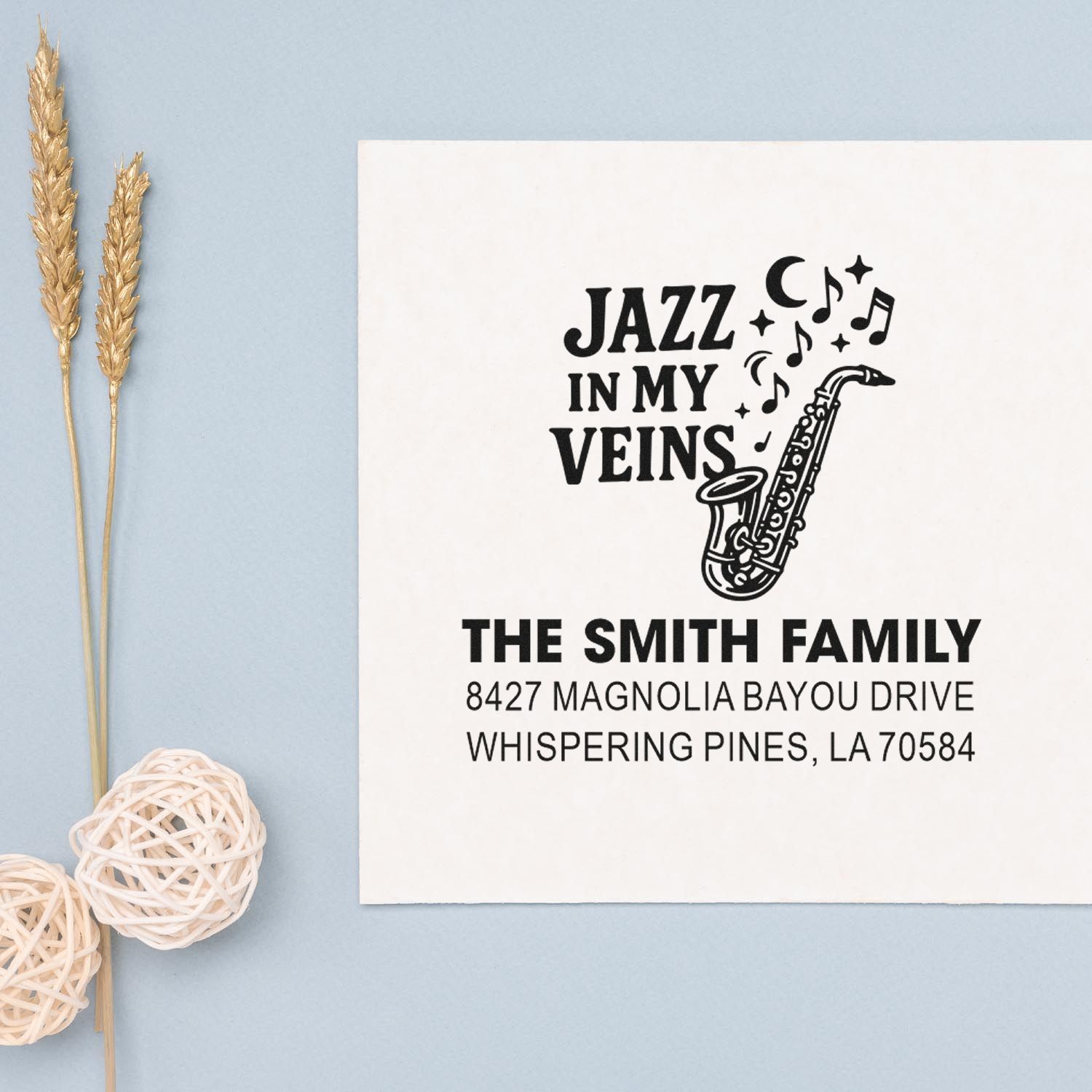 Custom jazz-themed rubber stamp with saxophone and The Smith Family return address for personalized mailing.