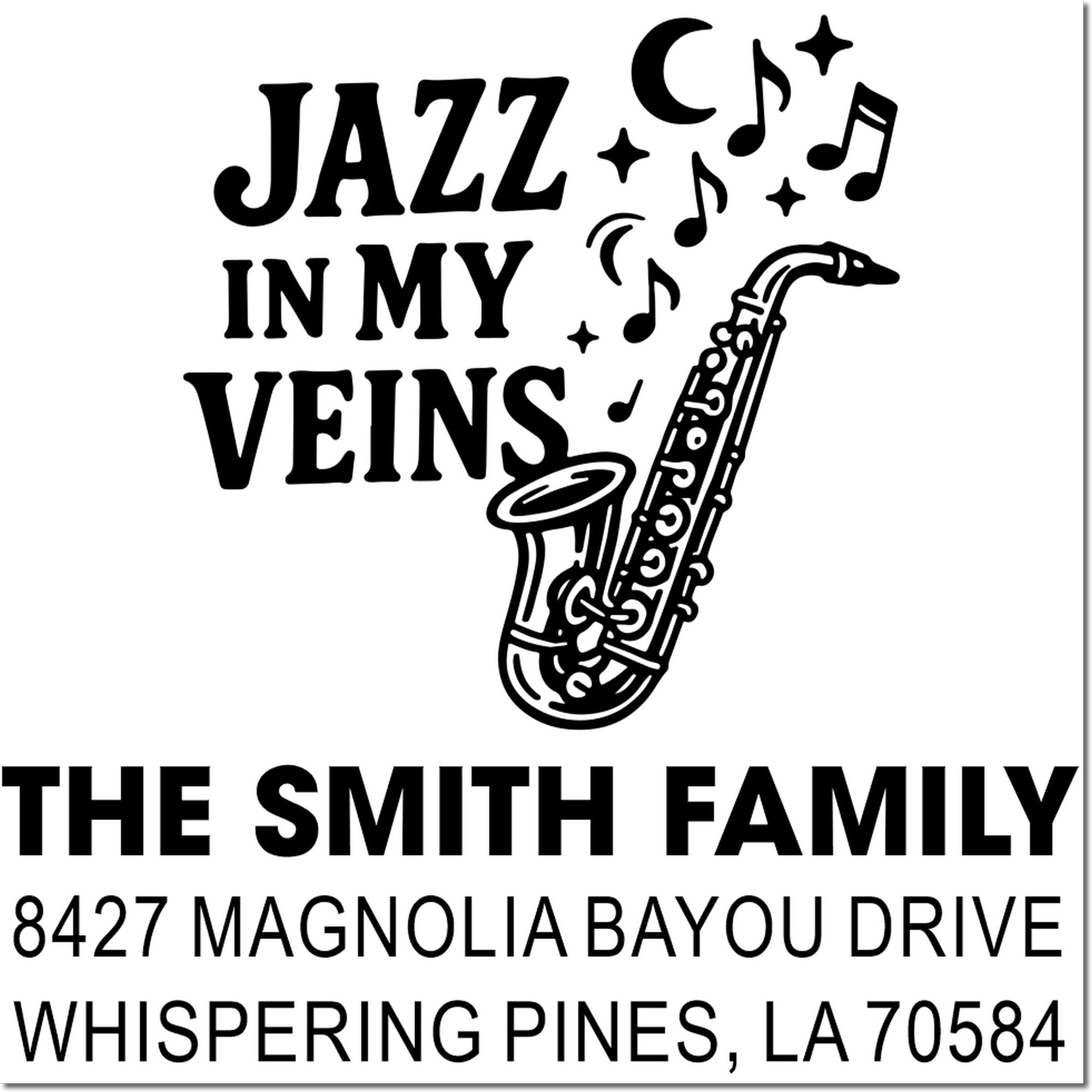 Custom jazz-themed address rubber stamp for The Smith Family, featuring saxophone art and Whispering Pines, LA 70584.