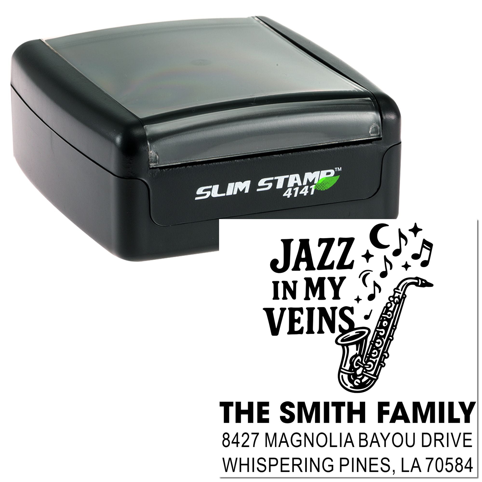 Slim Stamp 4141 self-inking rubber stamp with jazz saxophone design and custom Smith family address imprint for personalized mail.