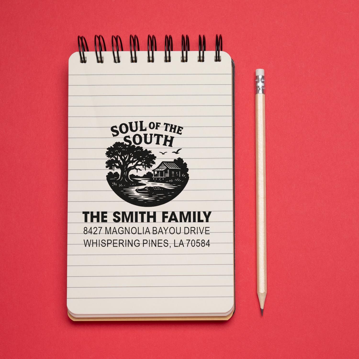Custom address rubber stamp with Southern home design for The Smith Family stationery and mail.