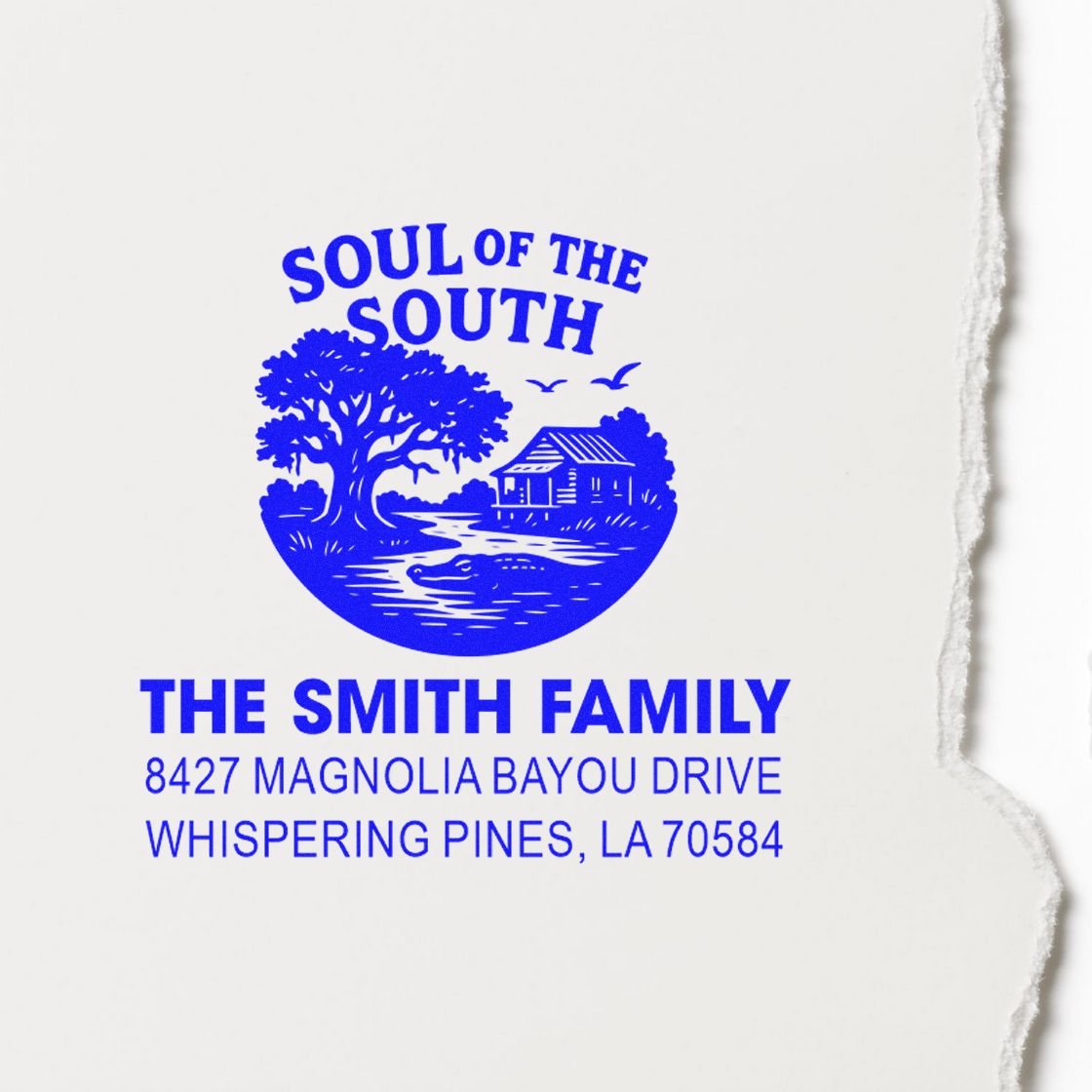 Custom return address rubber stamp with Soul of the South design for The Smith Family, Whispering Pines, LA 70584