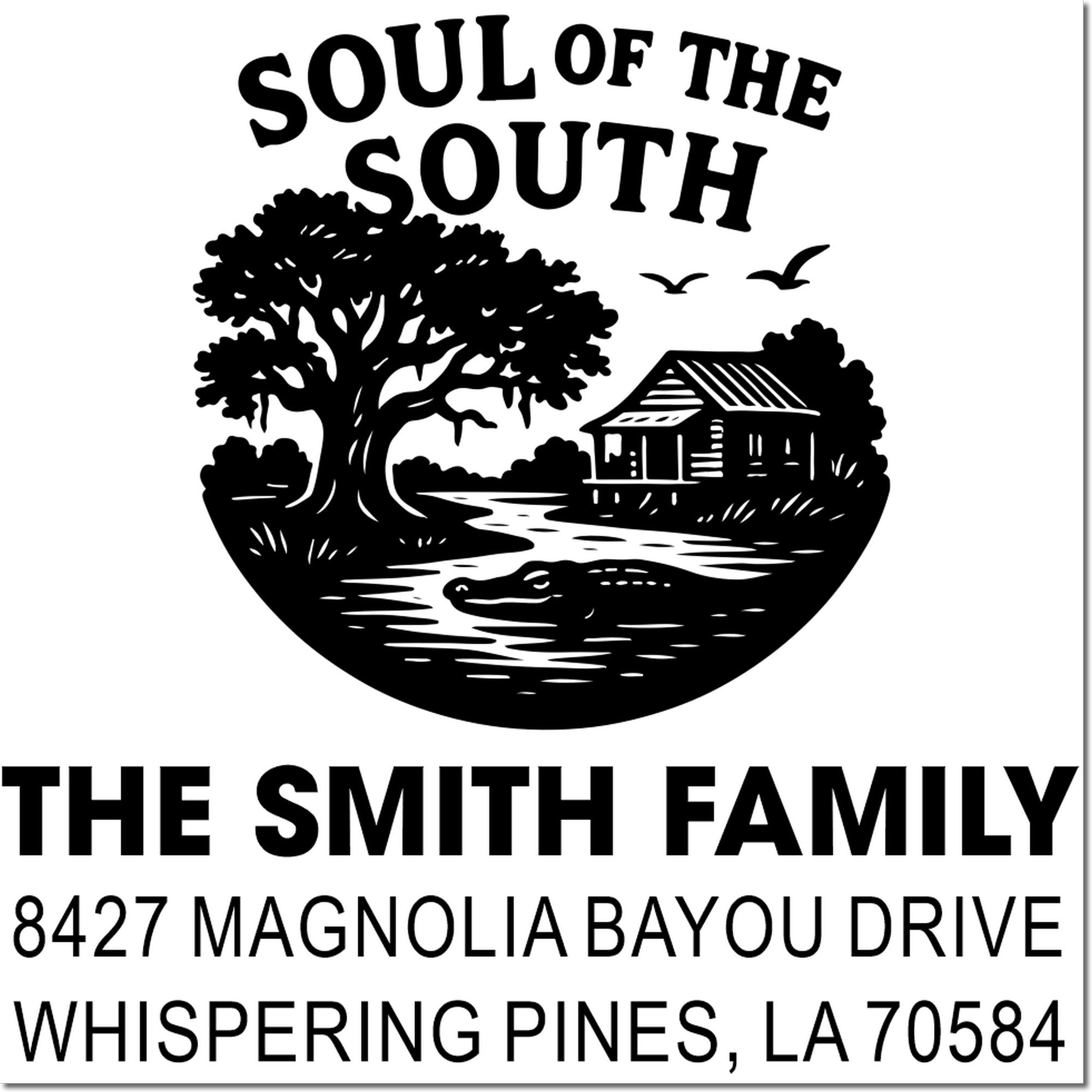 Soul of the South custom return address rubber stamp for The Smith Family, with bayou scene and Whispering Pines, LA 70584.