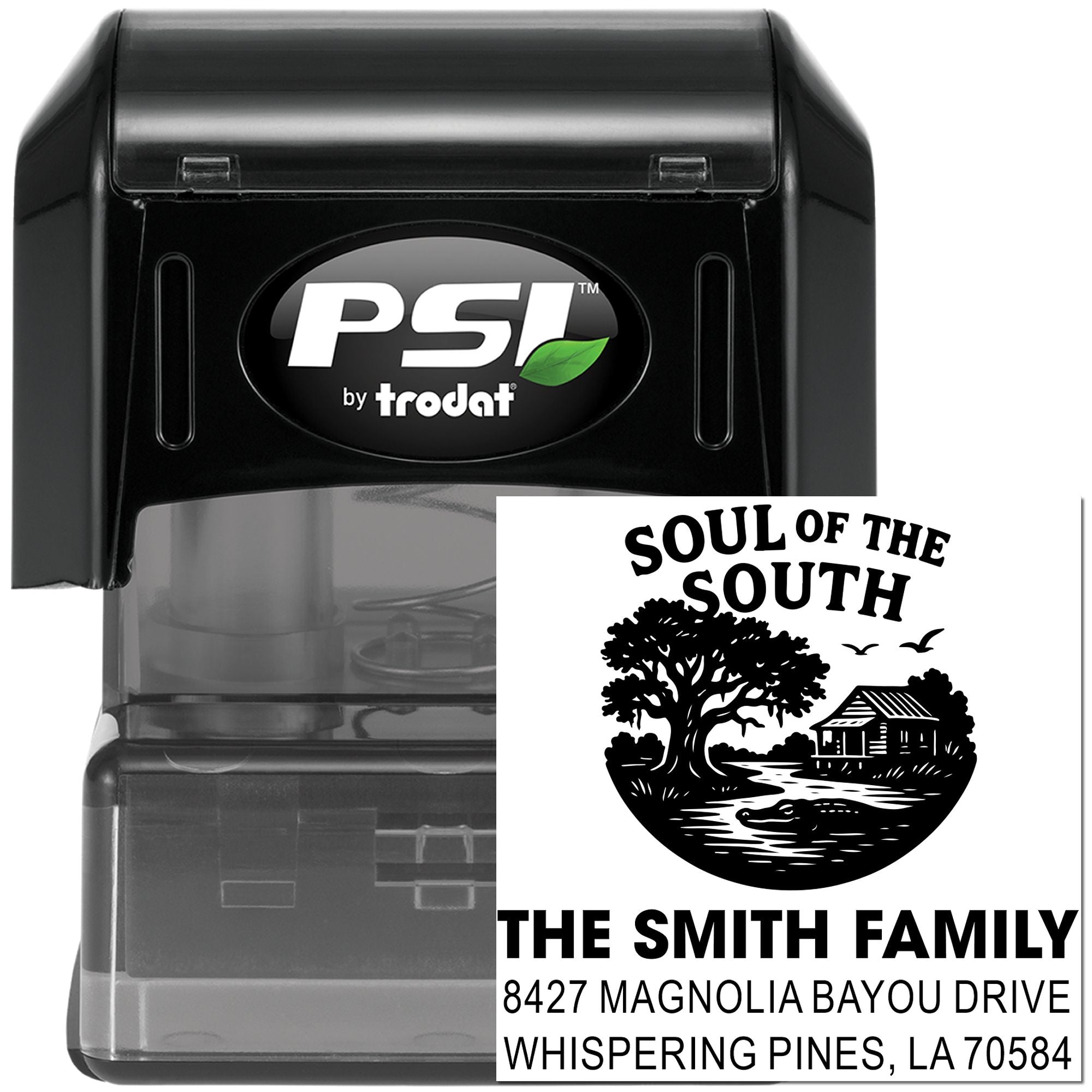 Custom self-inking rubber return address stamp with Southern family design, Smith family name and address by PSI Trodat.