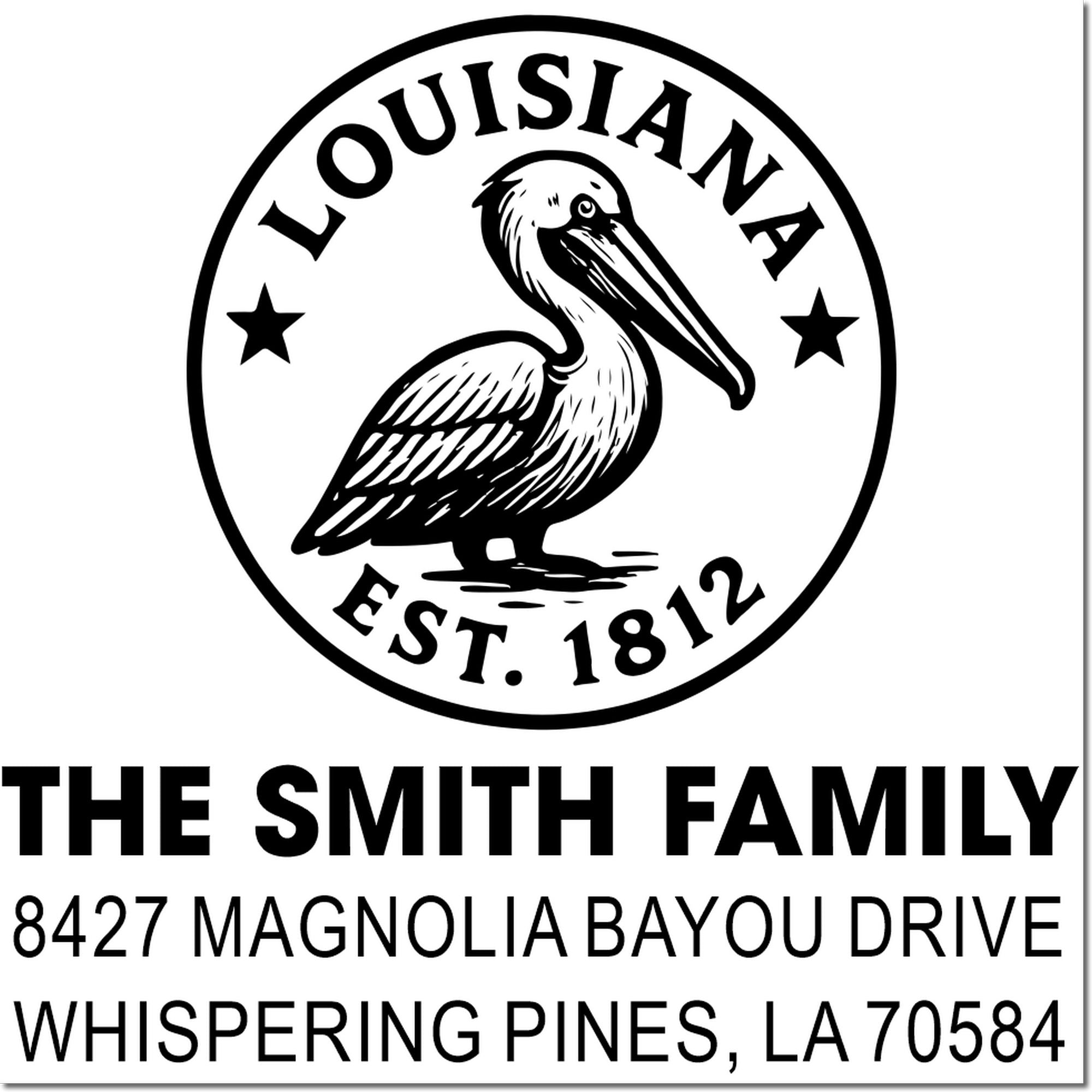 Personalized Louisiana pelican return address rubber stamp for The Smith Family, Whispering Pines, LA 70584