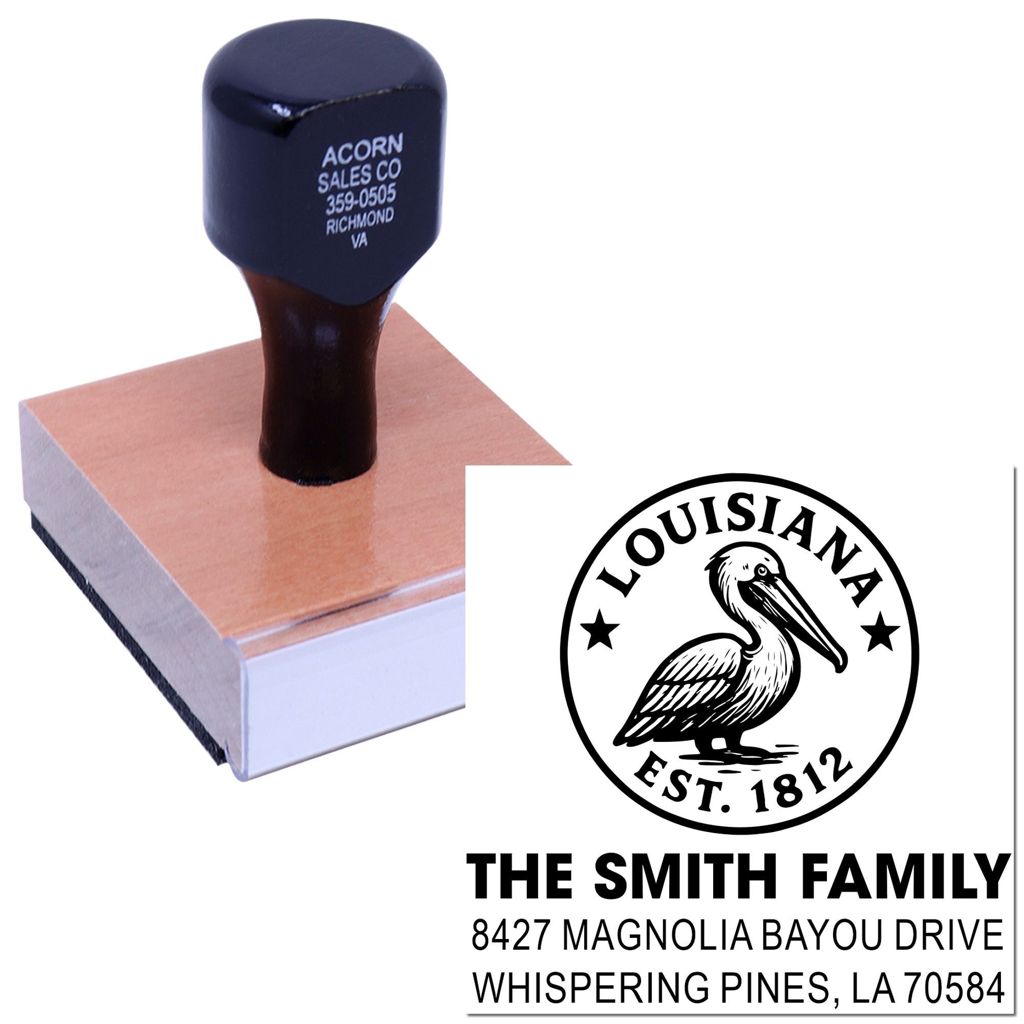Custom address rubber stamp on ink pad showing personalized family logo for business or mailing use.