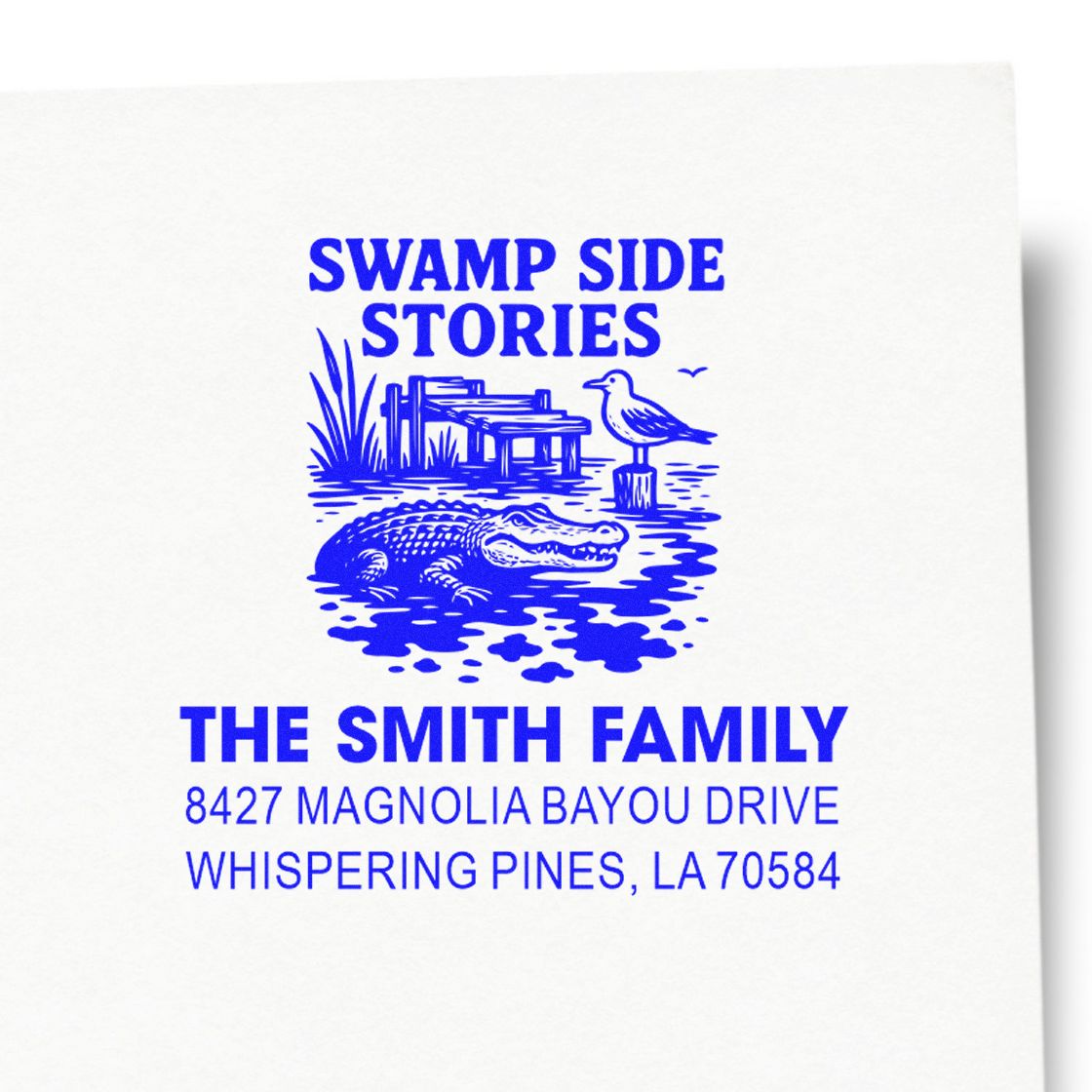 Personalized swamp-themed address rubber stamp for The Smith Family, featuring alligator art and Whispering Pines, LA return address.