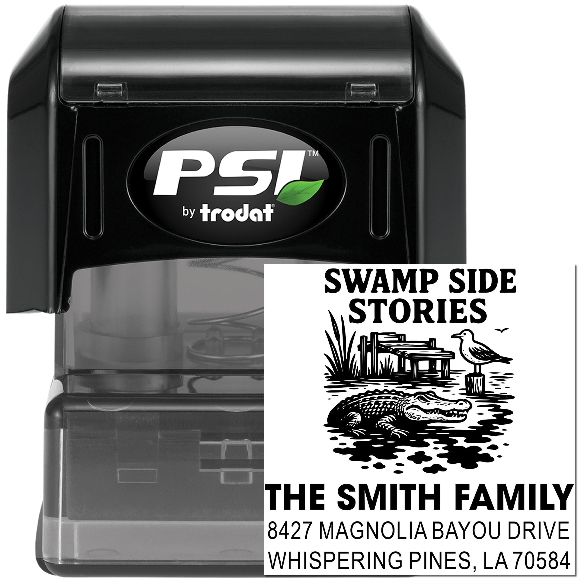 PSI by Trodat self-inking custom address rubber stamp with swamp-themed family design and return address imprint.