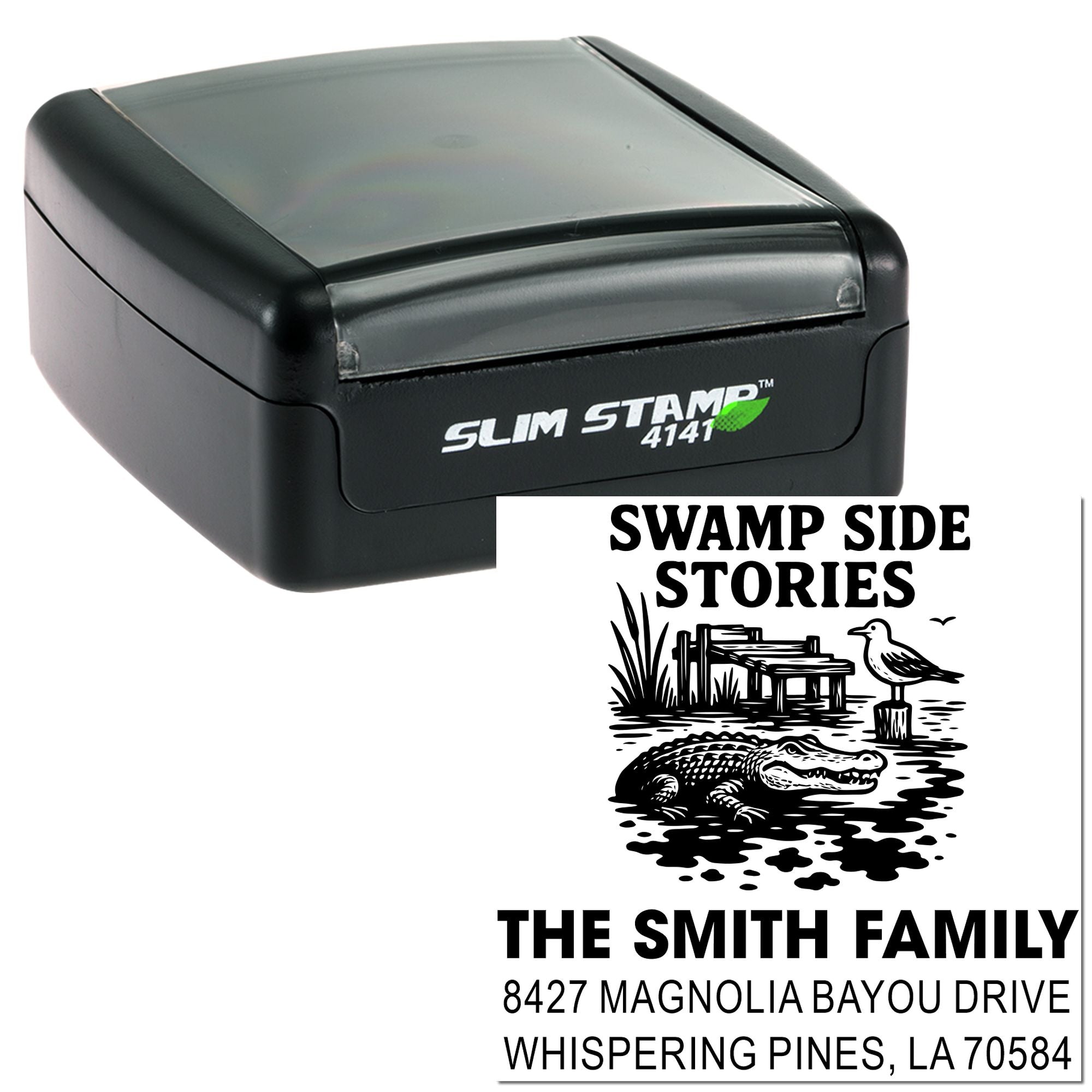 Personalized return address rubber stamp with swamp-themed family design and Slim Stamp 4141 self-inking case