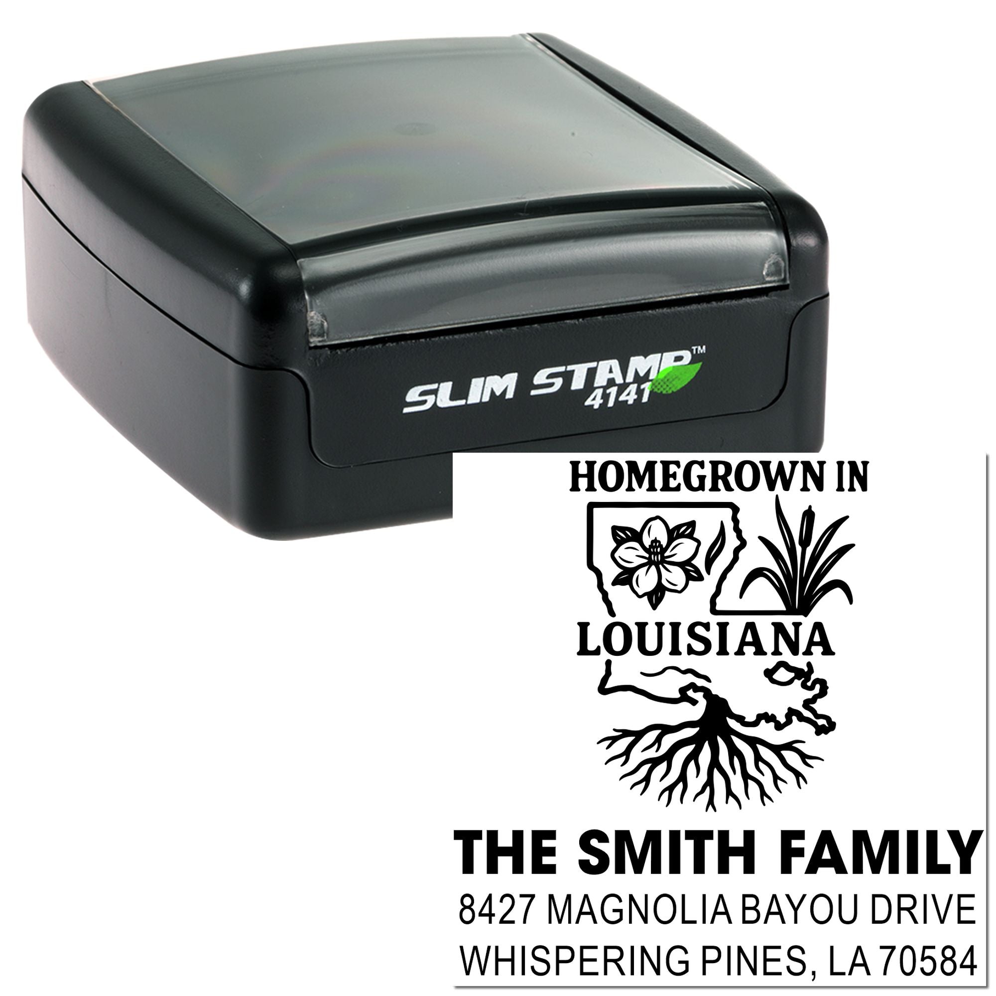 Custom self-inking rubber address stamp with Louisiana family design and return address for The Smith Family.