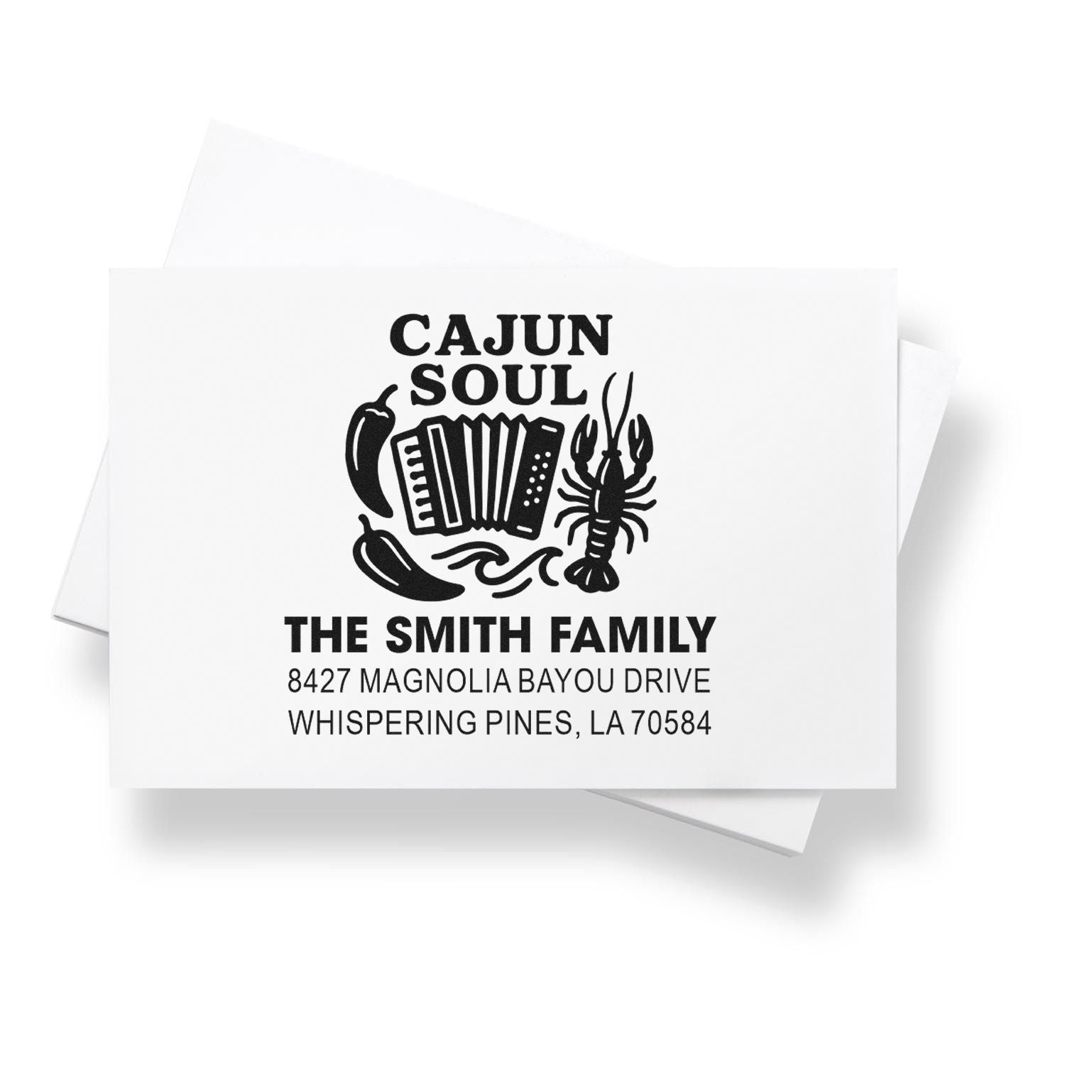 Custom Cajun Soul return address rubber stamp with family name, Louisiana address, accordion, crawfish, and peppers.