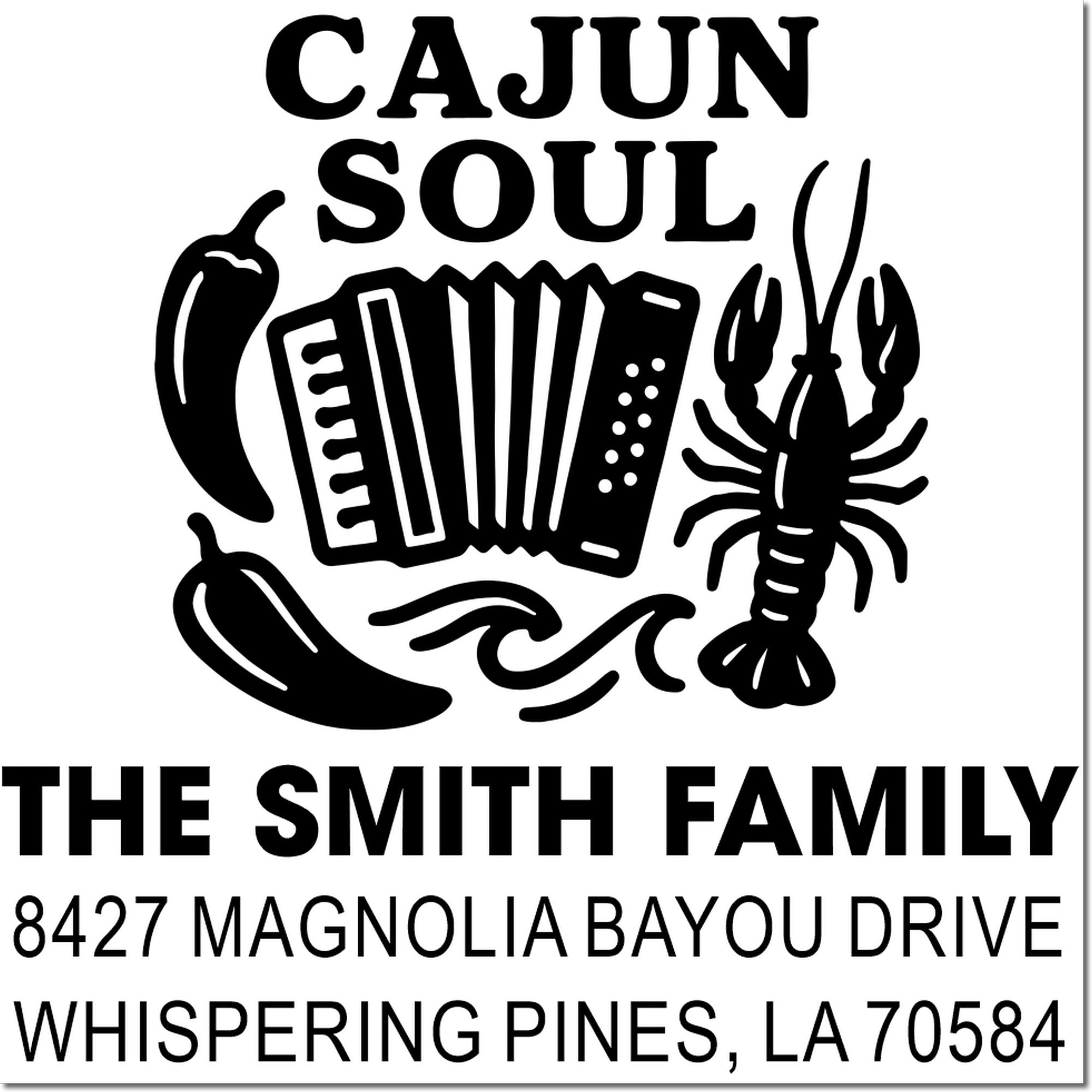 Custom Cajun Soul return address rubber stamp for The Smith Family, with pepper, accordion and crawfish design, Whispering Pines, LA.