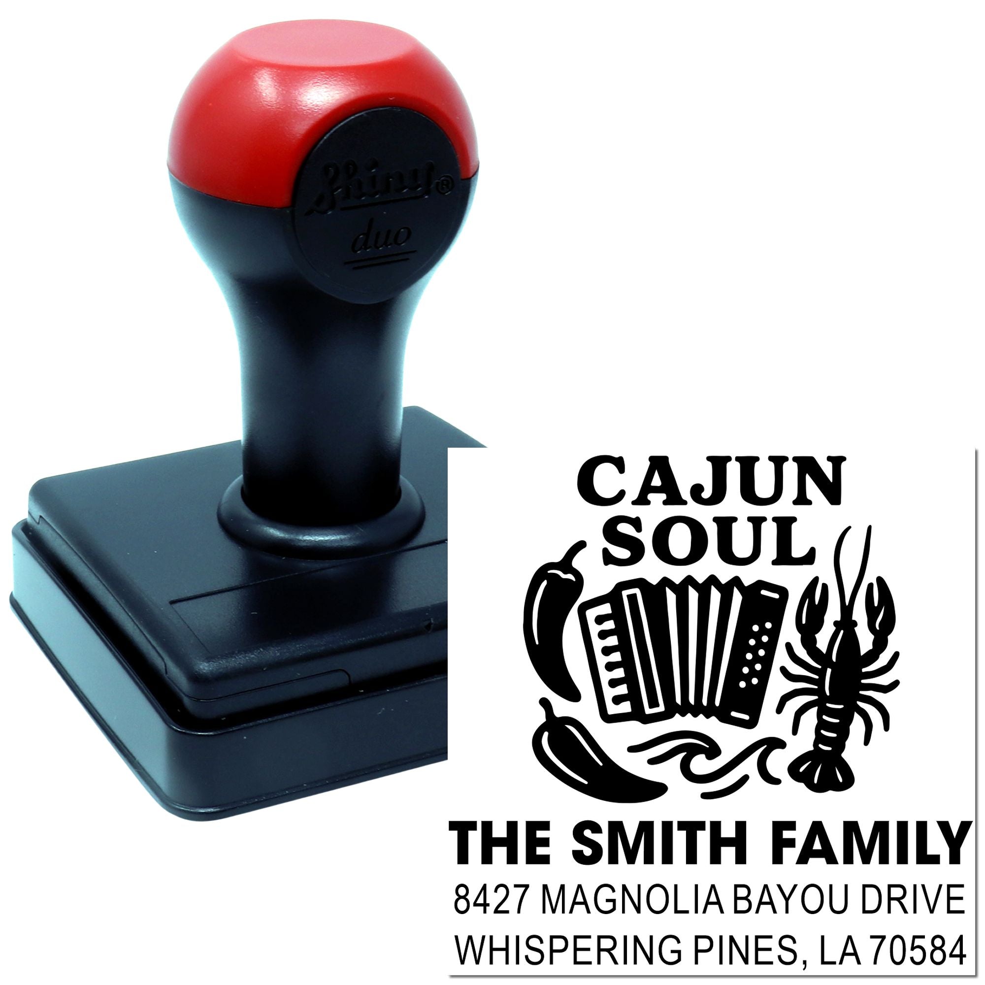 Self-inking custom rubber stamp with Cajun Soul design and return address for The Smith Family in Whispering Pines, LA