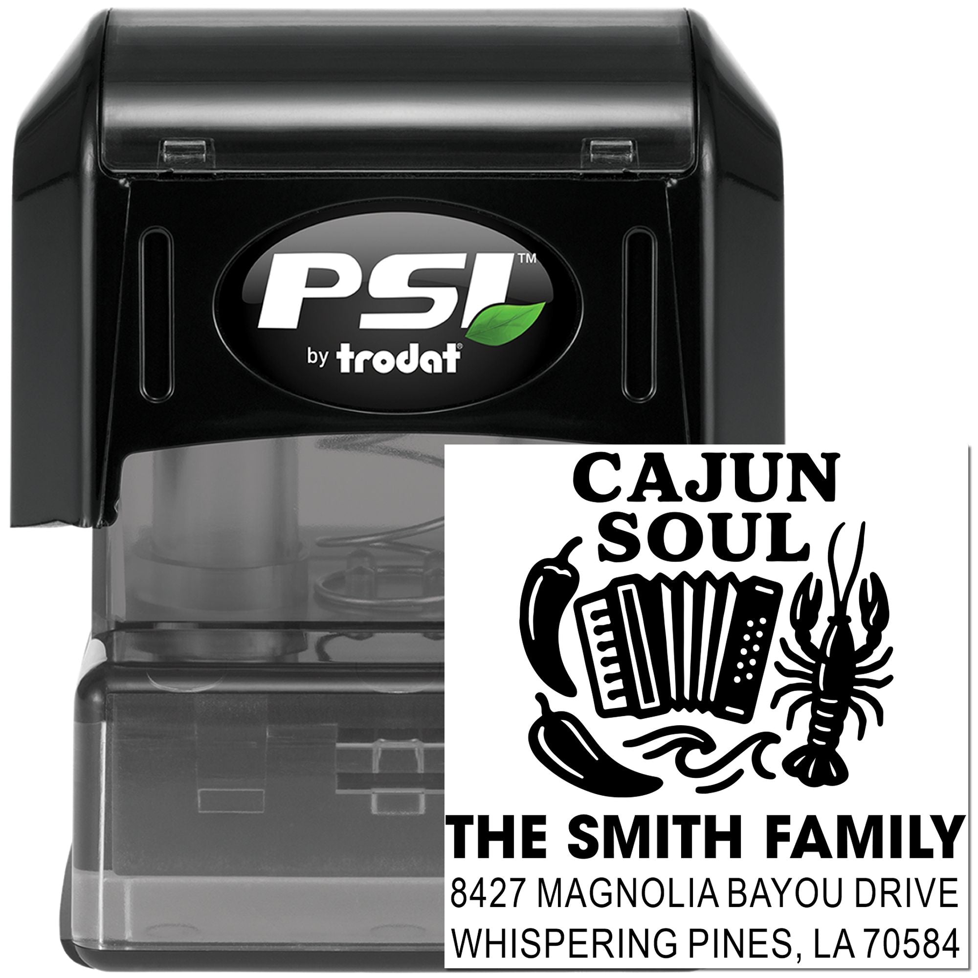 Custom self-inking rubber address stamp with Cajun Soul design, family name, and Louisiana address for personalized mailing.