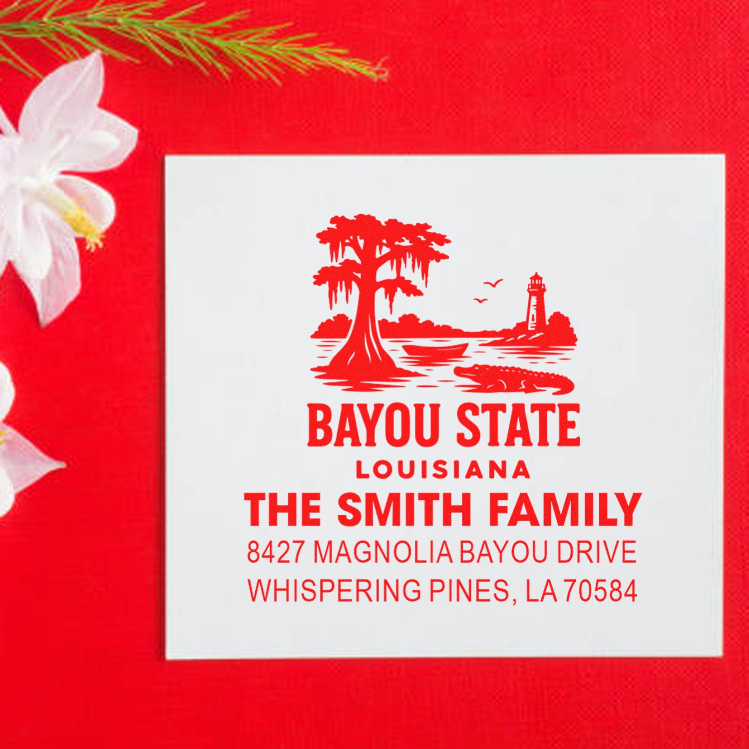 Personalized Louisiana return address rubber stamp with Bayou State lighthouse design for The Smith Family.