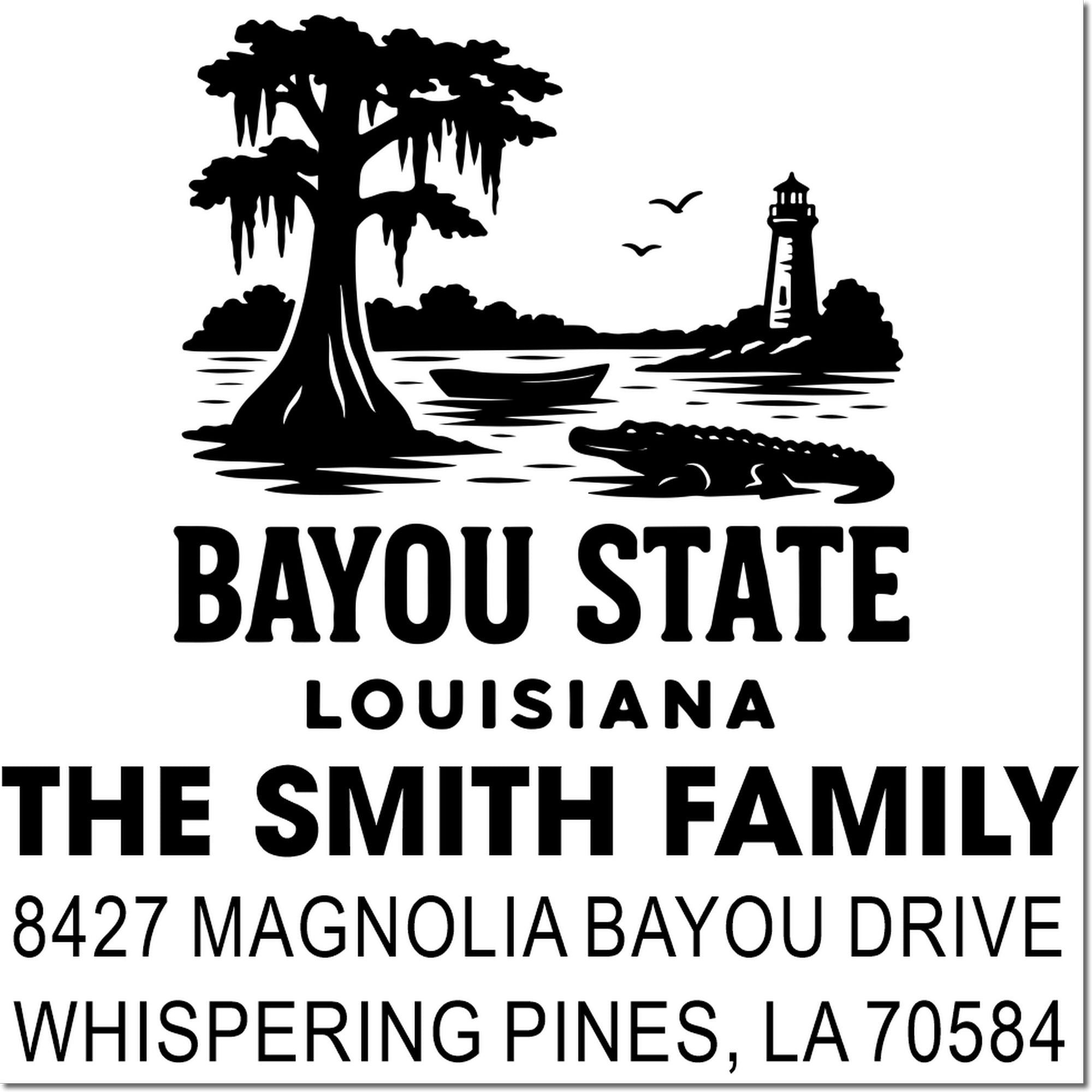 Custom Louisiana Bayou State return address rubber stamp for The Smith Family, 8427 Magnolia Bayou Drive, Whispering Pines, LA 70584