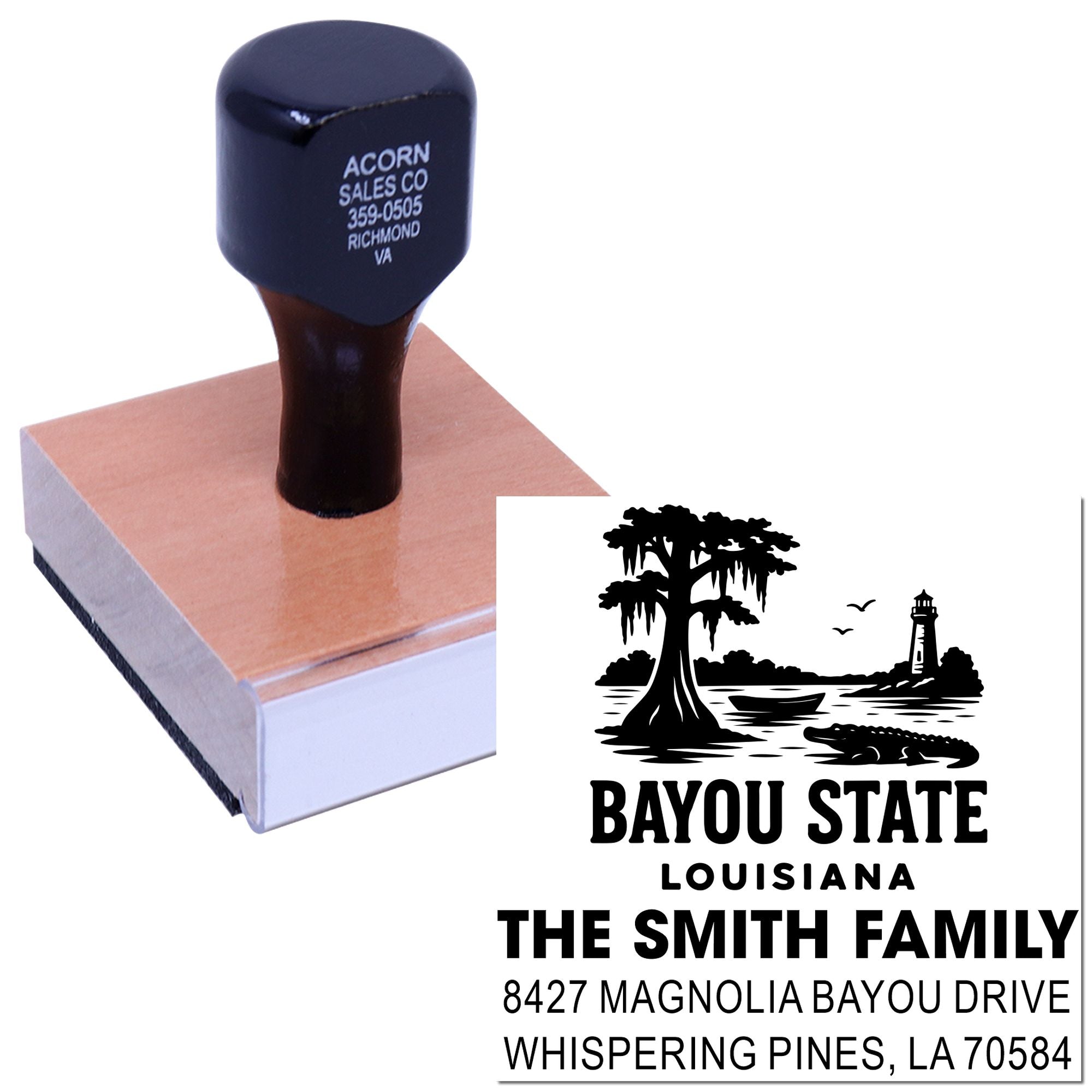 Custom return address rubber stamp with Louisiana bayou design for The Smith Family.