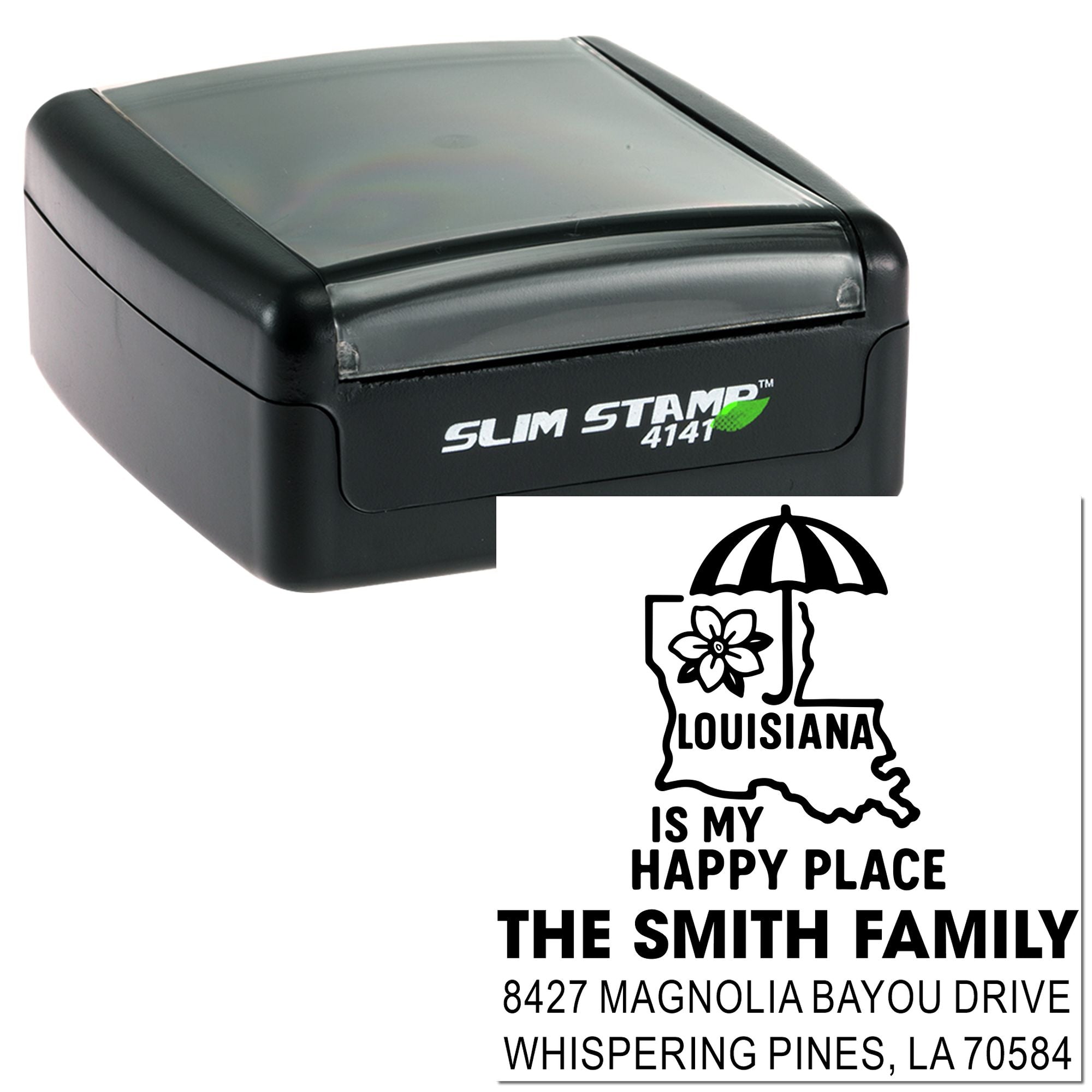Custom Slim Stamp return address rubber stamp with Louisiana is My Happy Place design for The Smith Family.