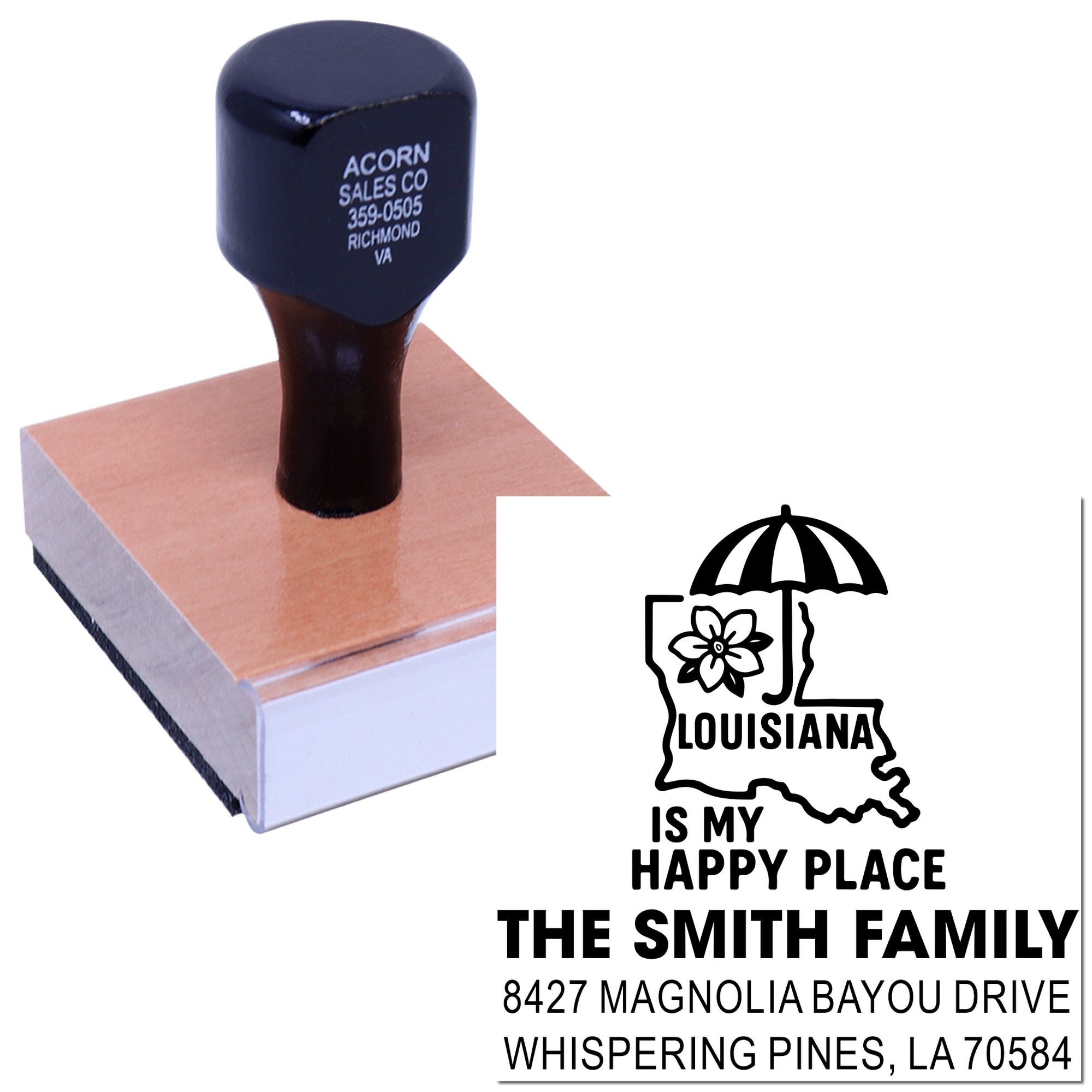 Custom Louisiana family address rubber stamp with personalized happy place design for self-inking stamping.