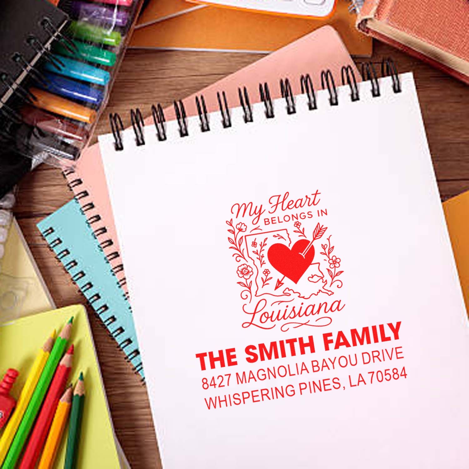 Custom Louisiana family return address rubber stamp for personalized stationery, envelopes, and mail.
