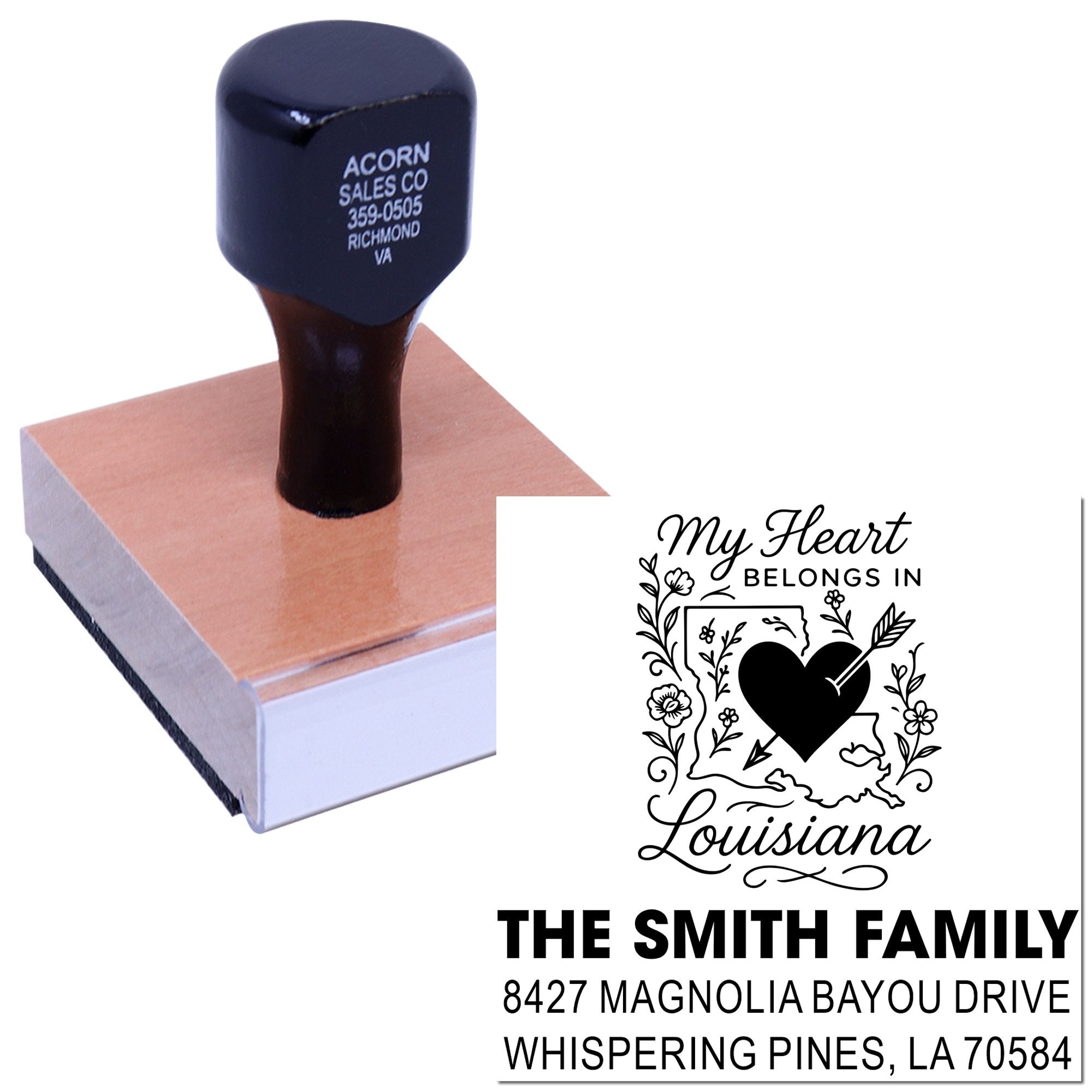 Custom return address rubber stamp with Louisiana heart design for family mailings, weddings, and personalized envelopes.