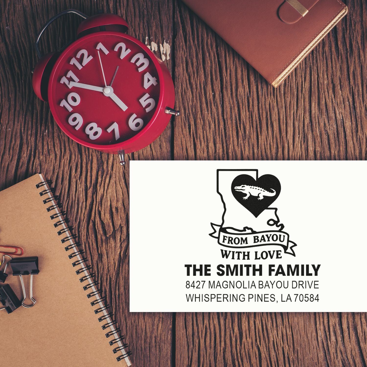 Custom rubber return address stamp for The Smith Family, featuring a Louisiana bayou alligator design and Whispering Pines, LA address.