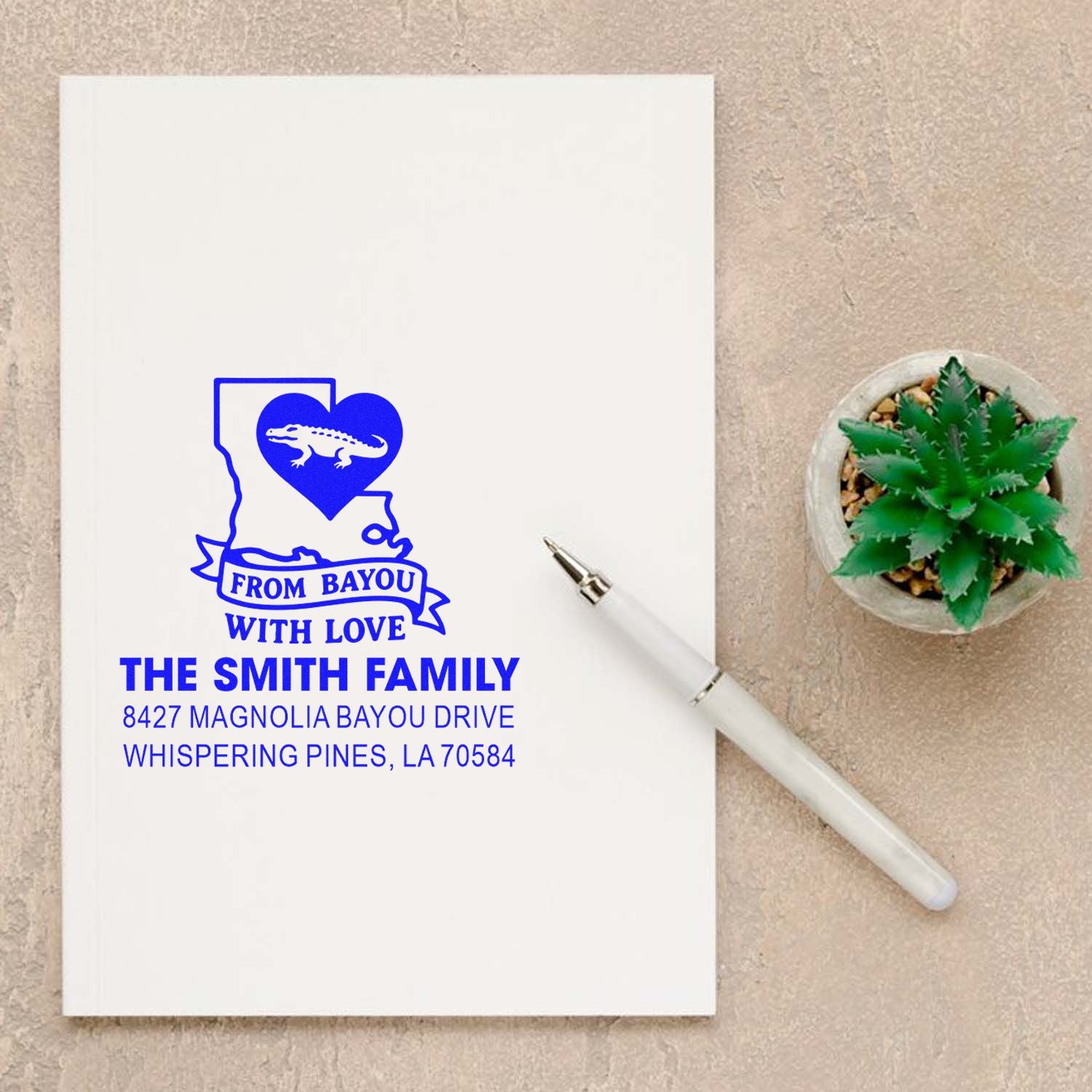 Personalized Louisiana family return address rubber stamp with bayou alligator heart design for The Smith Family