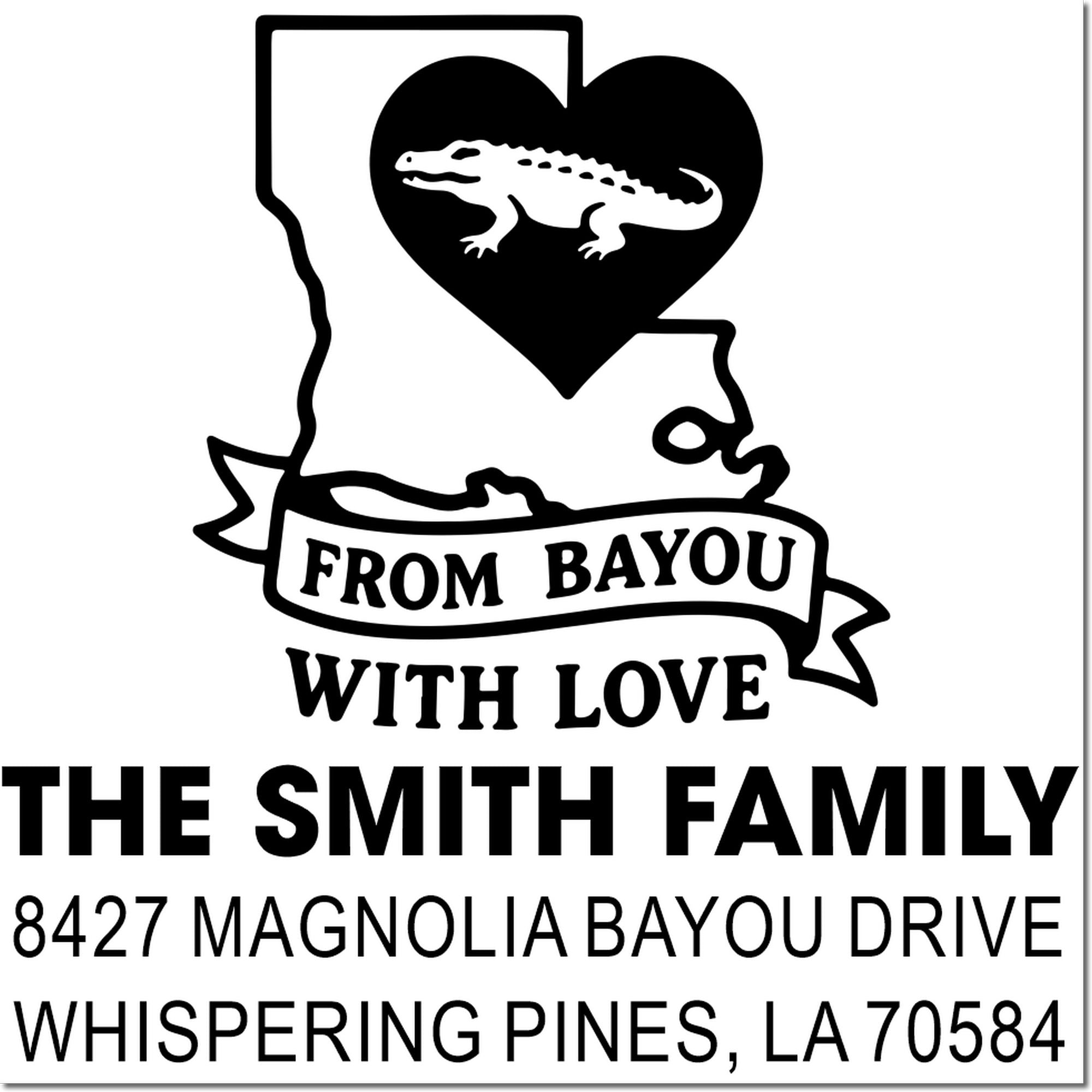 Personalized Louisiana return address rubber stamp with alligator heart, From Bayou with Love, for The Smith Family.