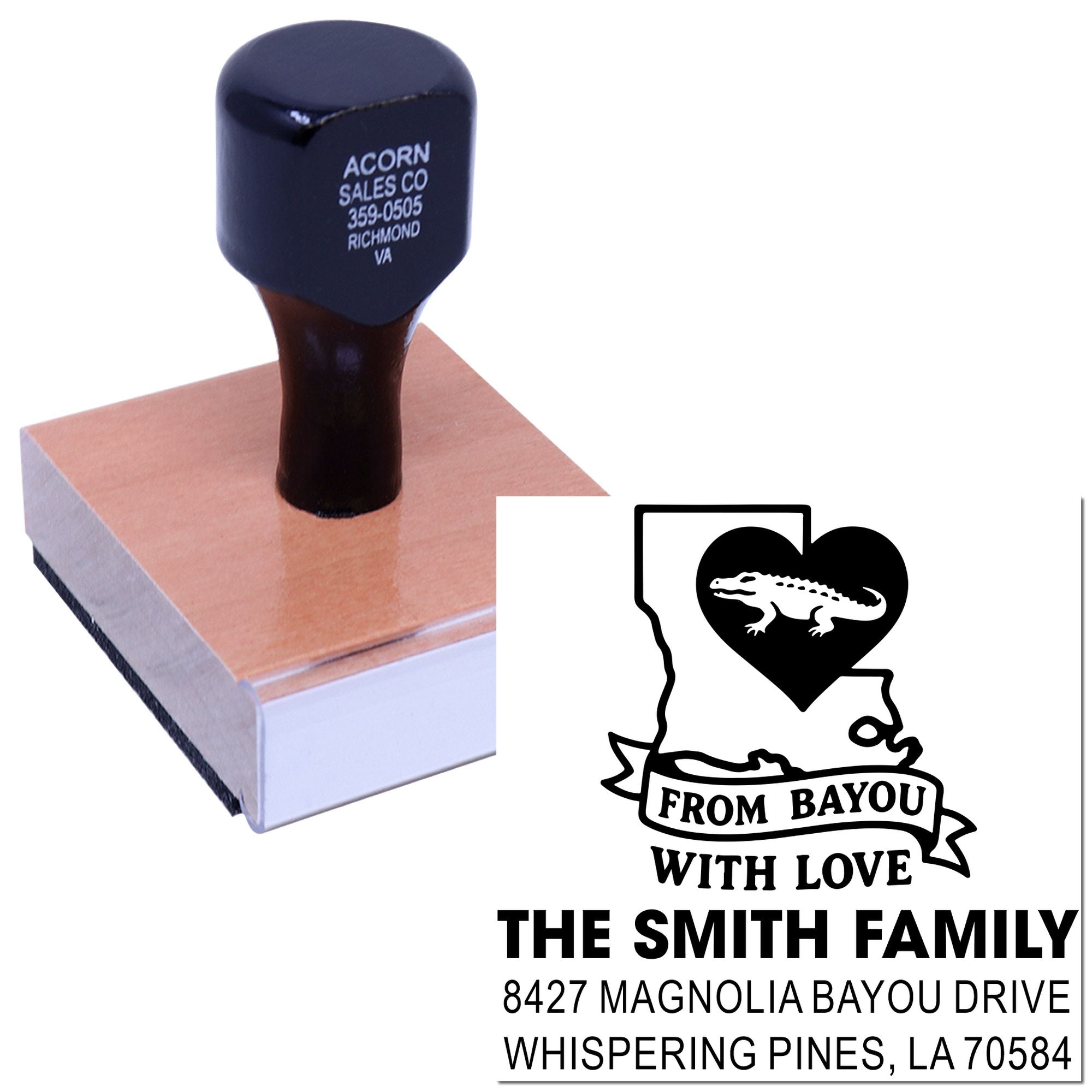 Custom return address rubber stamp with Louisiana bayou design for The Smith Family personalized mail imprint.