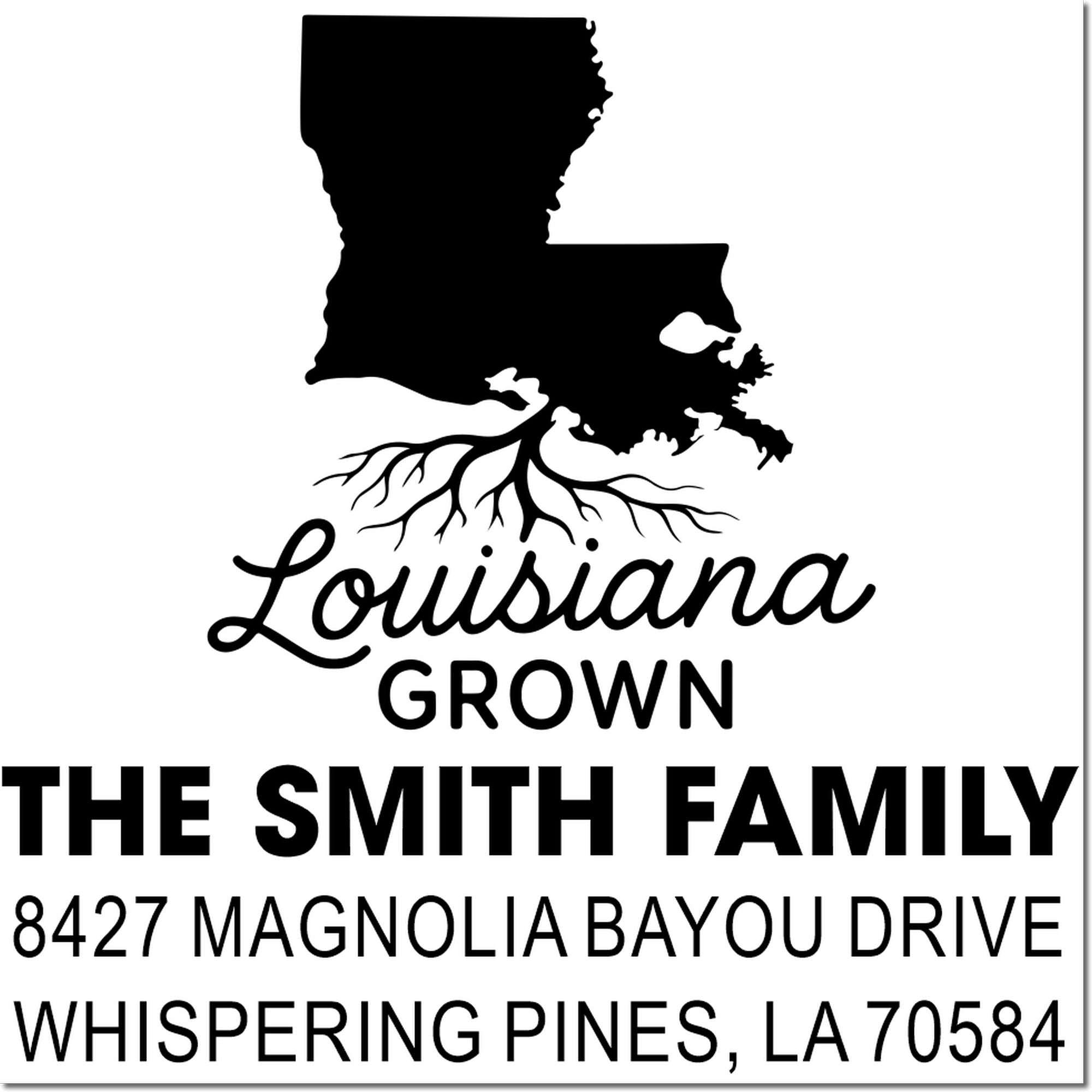 Louisiana Grown custom rubber stamp with state outline, roots, family name, and address for mail or farm branding.