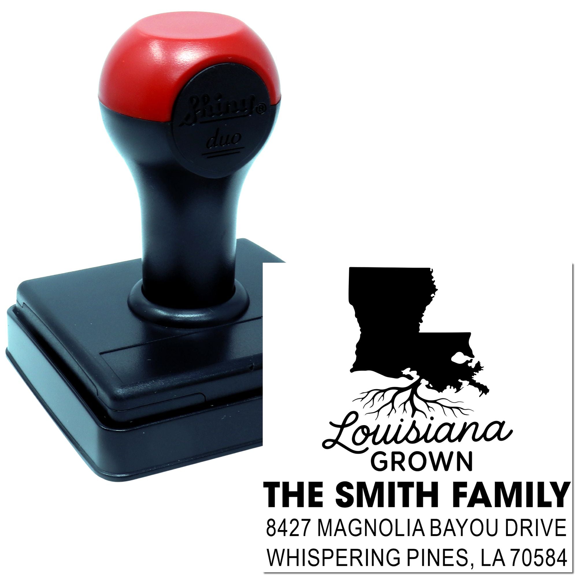 Custom self-inking rubber stamp with Louisiana Grown family return address design and imprint.