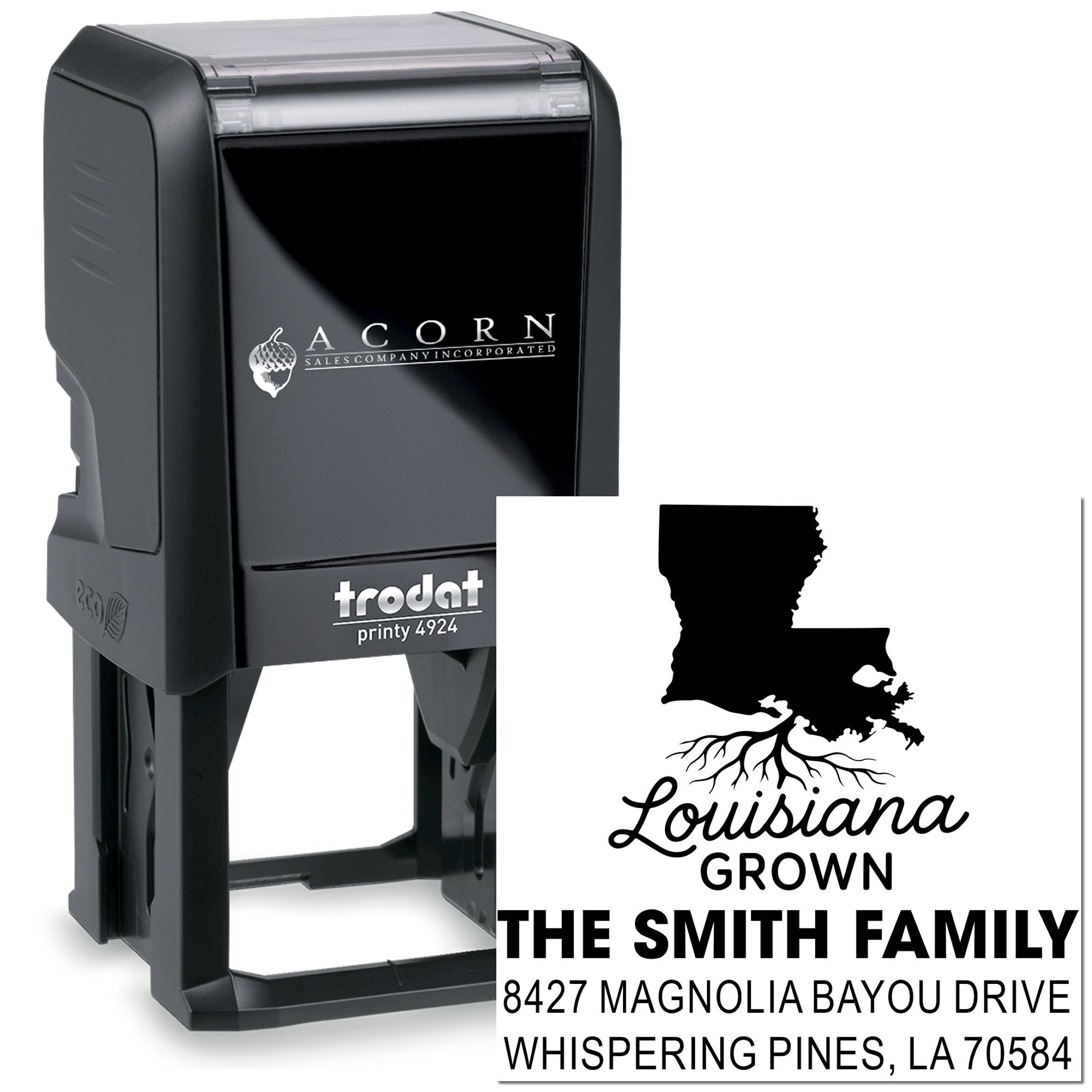 Custom self-inking Trodat rubber stamp with Louisiana family name, address, and logo for return mail and business branding.