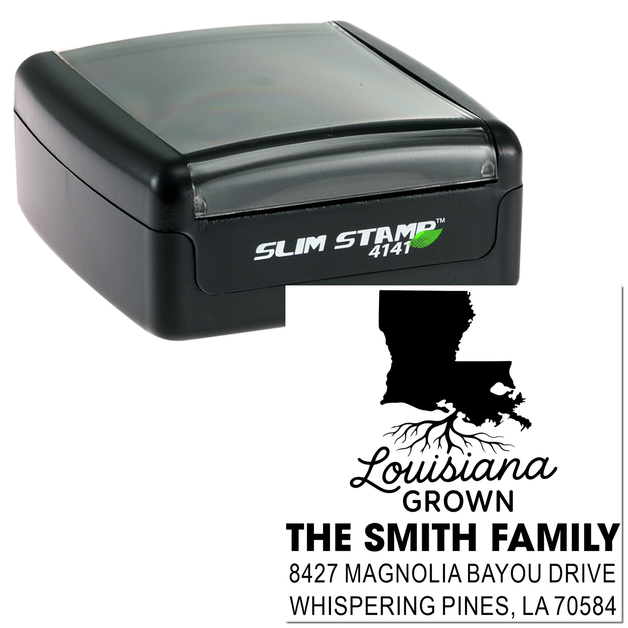 Custom self-inking rubber stamp with Louisiana Grown family return address imprint for personalized mailing.