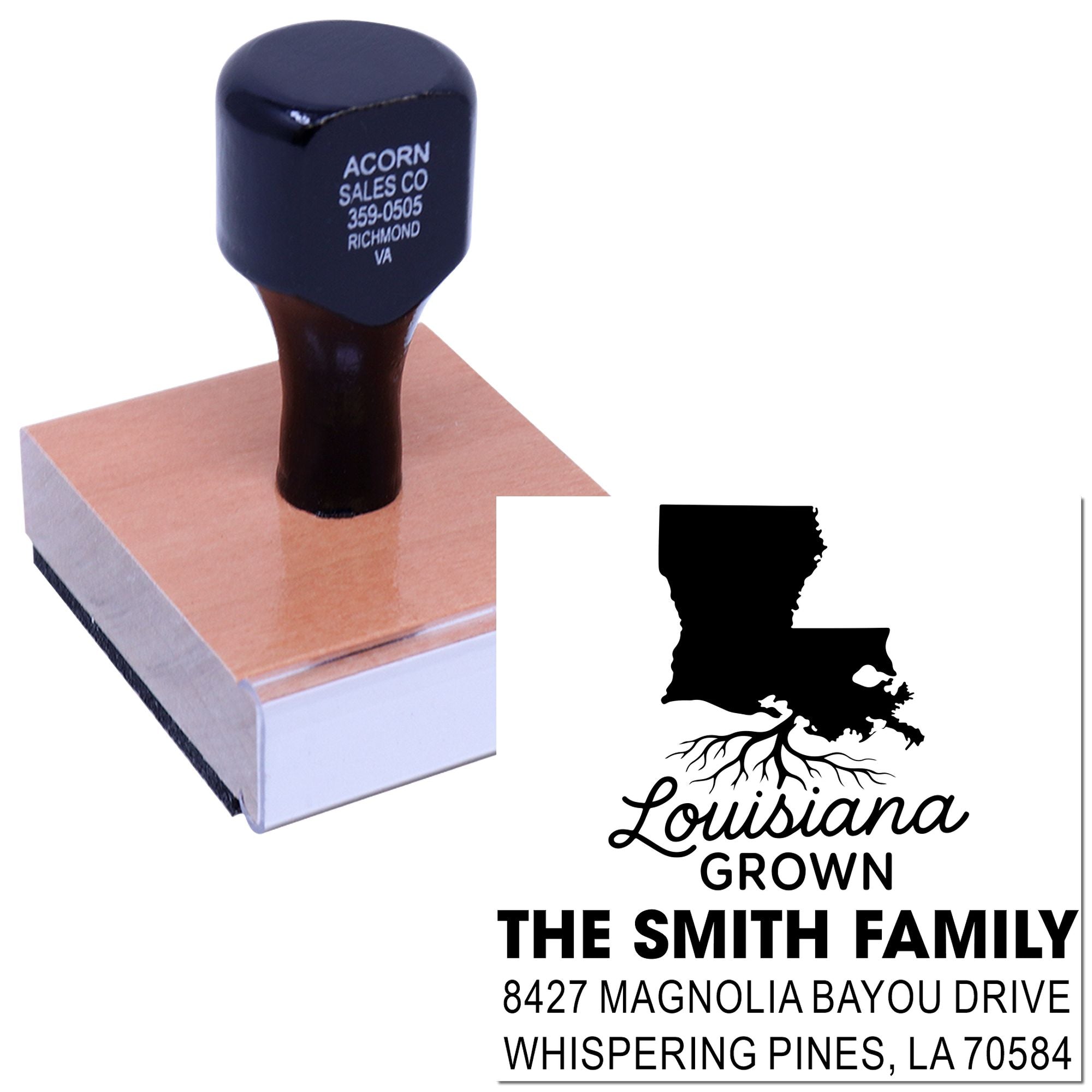Custom self-inking Louisiana rubber stamp with family name and address for personalized mailing, labels, and packaging