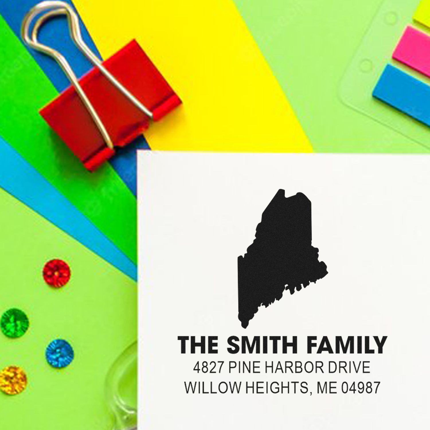 Custom return address rubber stamp with Maine silhouette for The Smith Family, personalized mailing stamp for home use.