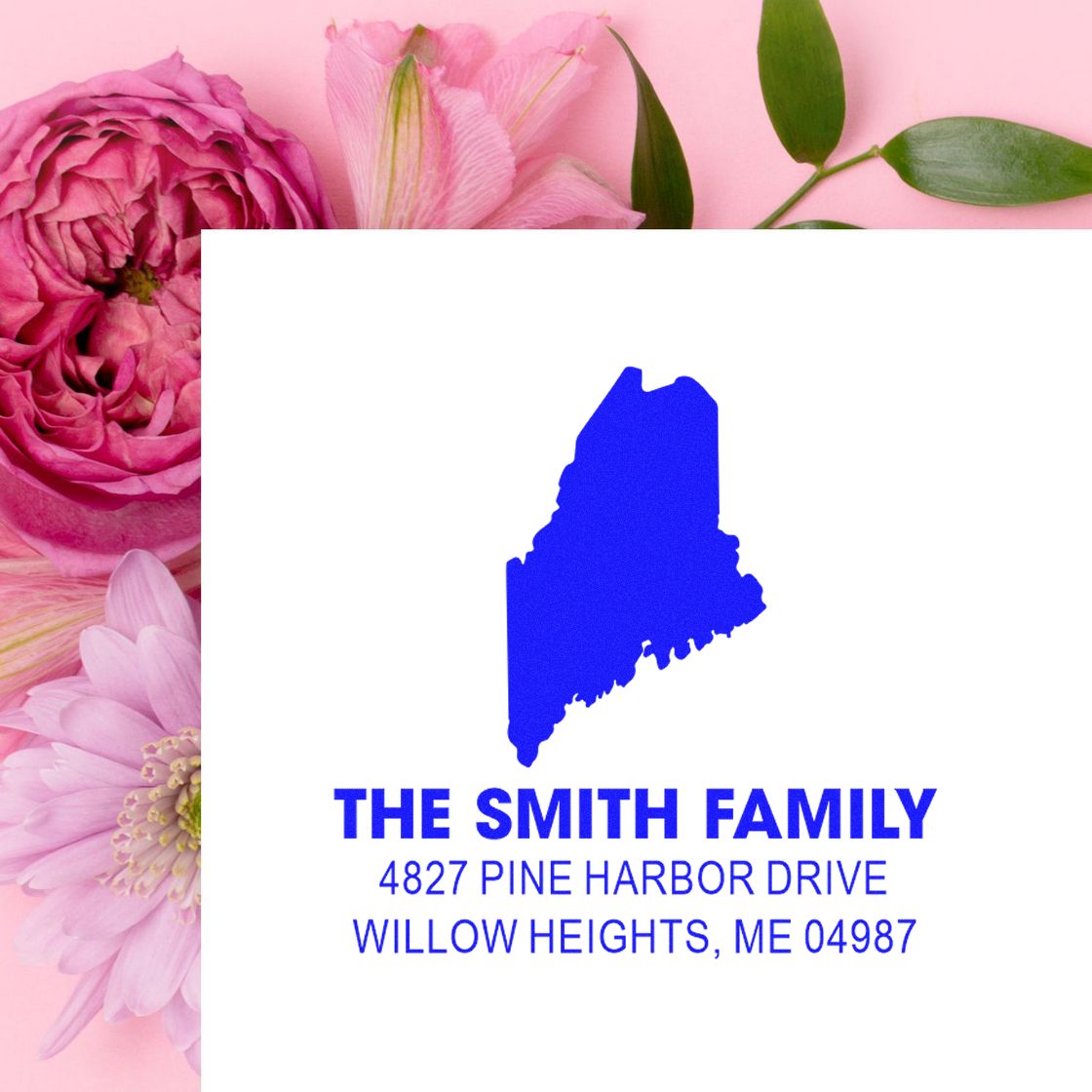 Custom return address rubber stamp for The Smith Family, with Maine silhouette and Pine Harbor Drive address.