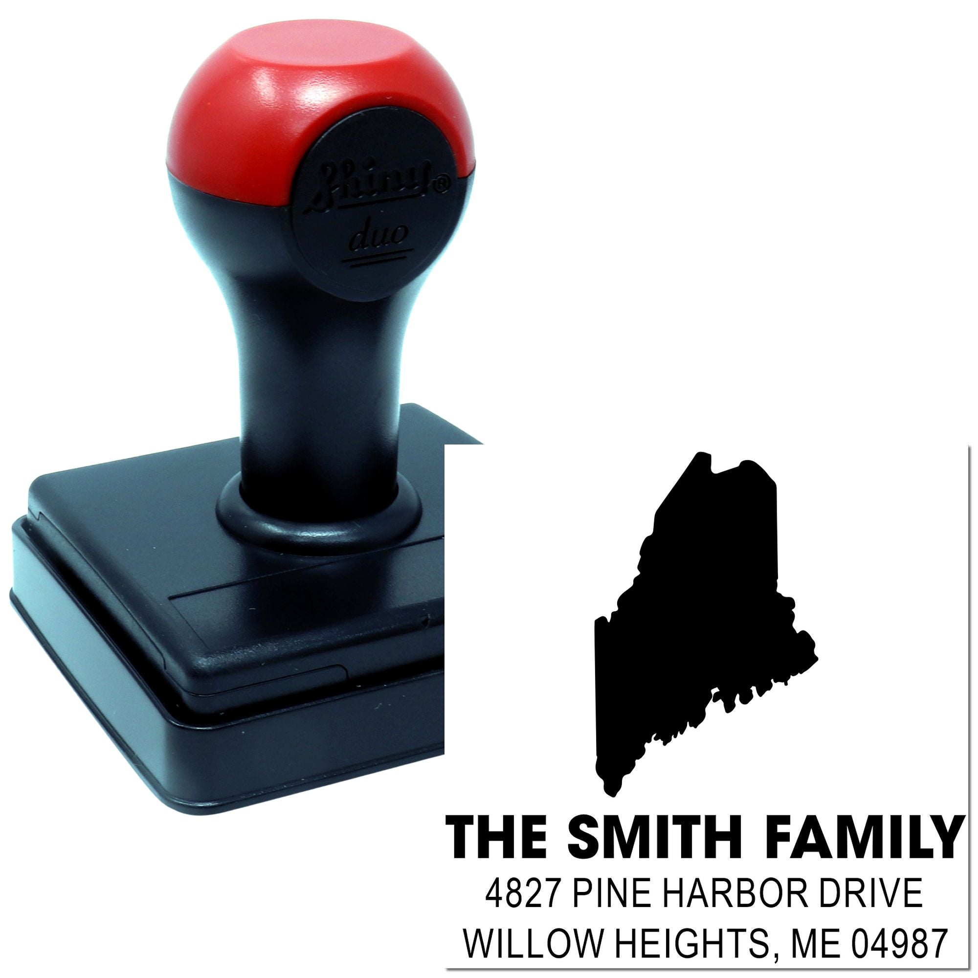 Custom self-inking rubber address stamp with Maine silhouette for family return mailing labels.