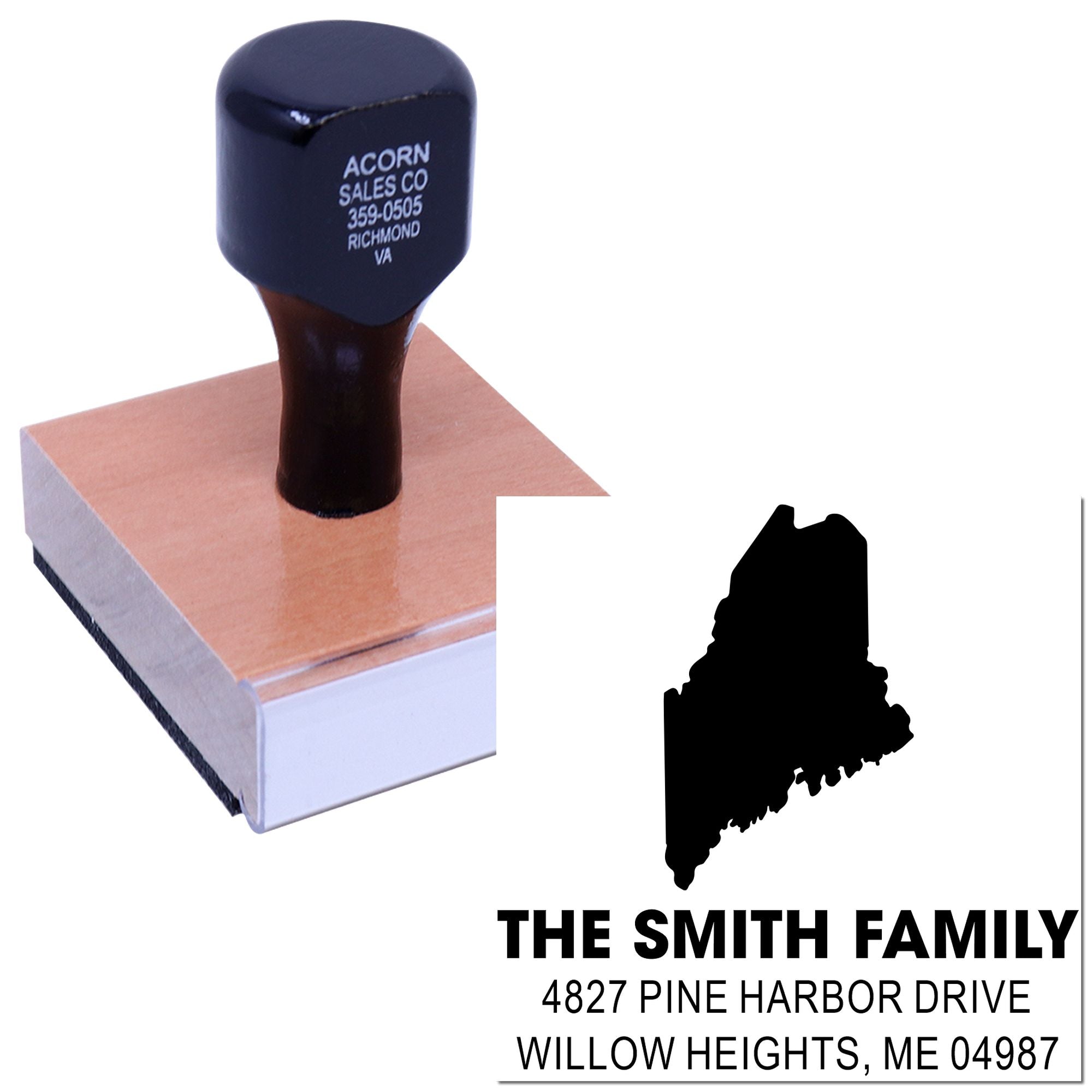 Custom Maine return address rubber stamp with state silhouette, Smith family name, and Willow Heights address.