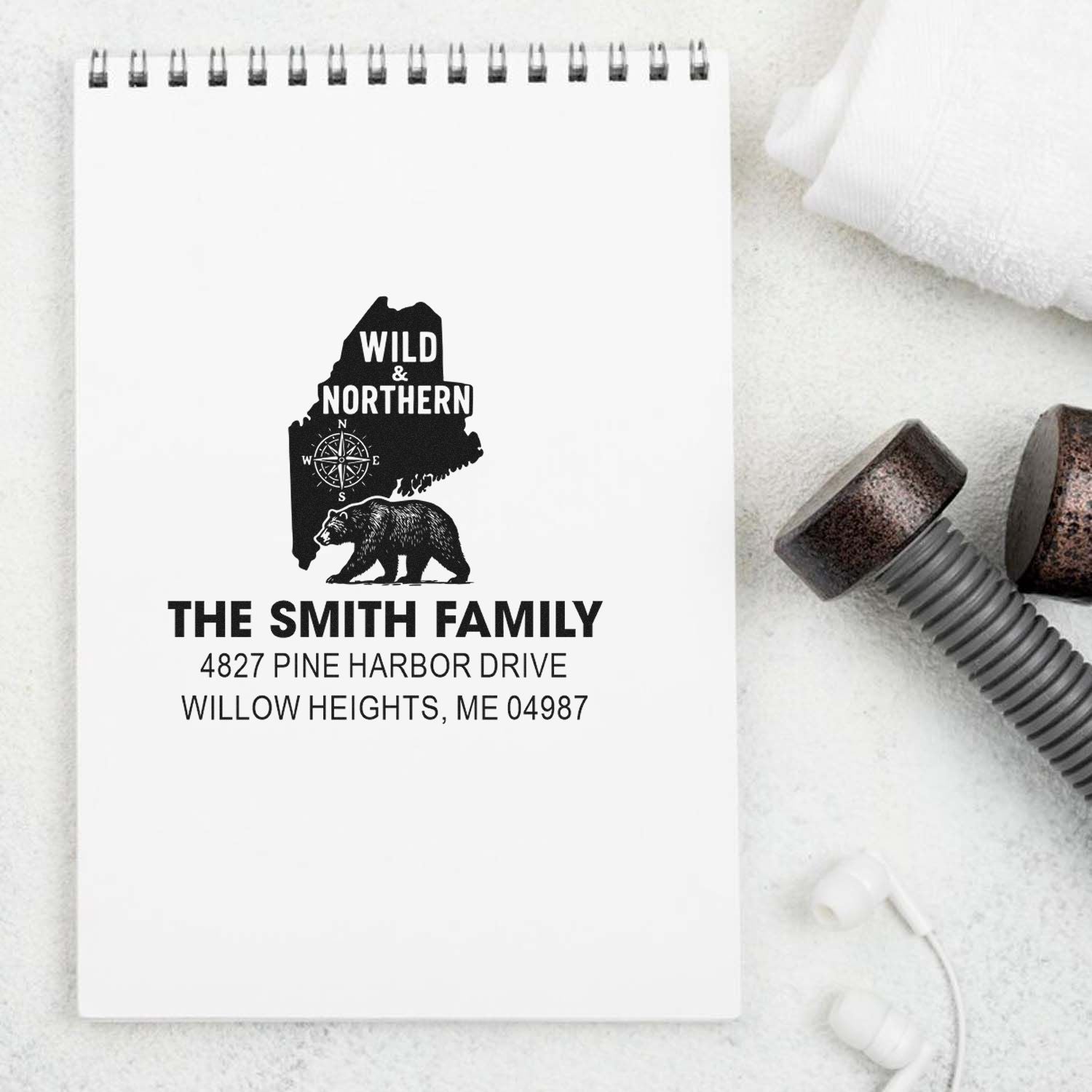 Custom address rubber stamp with Wild Northern Maine bear design for The Smith Family return address.